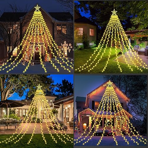 Miniatura 7 de Guirnalda de luces decorativas de estrellas, 350 LED de 12.6 pies, luz exterior con estrella superior, 8 modos de iluminación y temporizador, luz