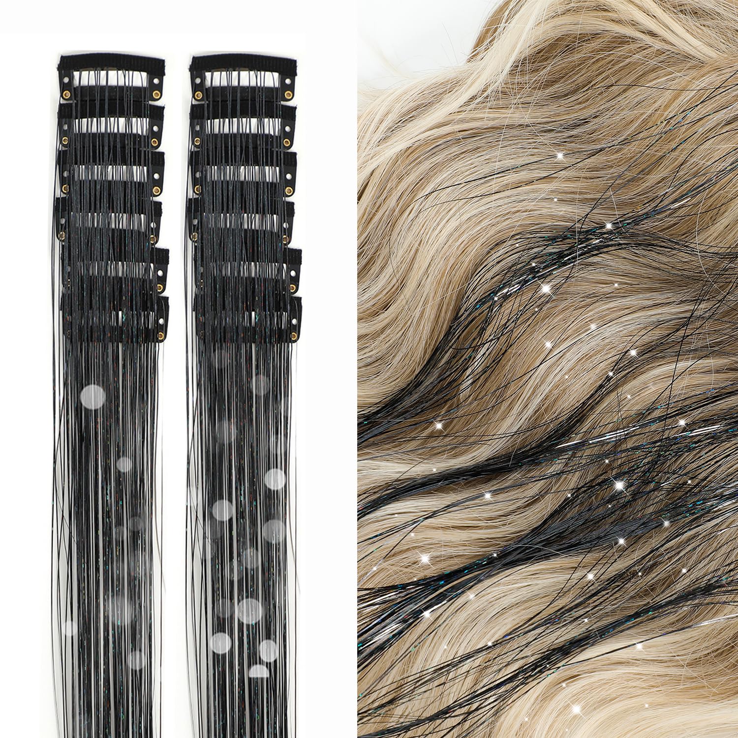 VIEWS 2Pcs Hair Tinsel Clip in Glitter Tinsel Hair Extensions 24Inch Clip in Hair Tinsel Kit Heat Resistant Hair Accessories for Women Girls Kids (Black/2Pcs)-image-15