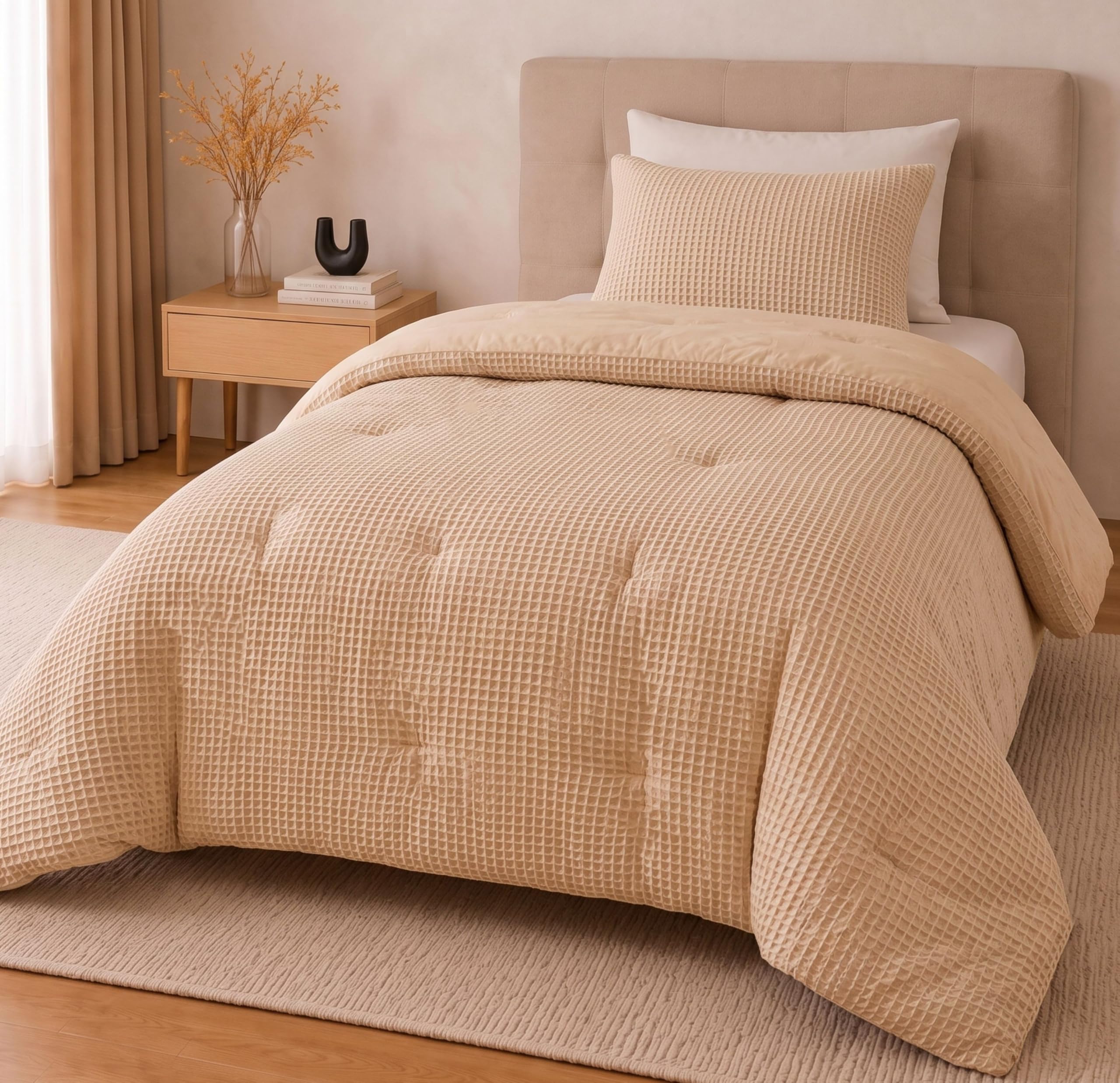 SANMARINO Luxury Waffle Weave Single Comforter Set – Ultra-Soft Bedding Set with One Pillow Covers – Breathable, All-Season Bed Set – (90x60 Inches) (Beige)-image-15