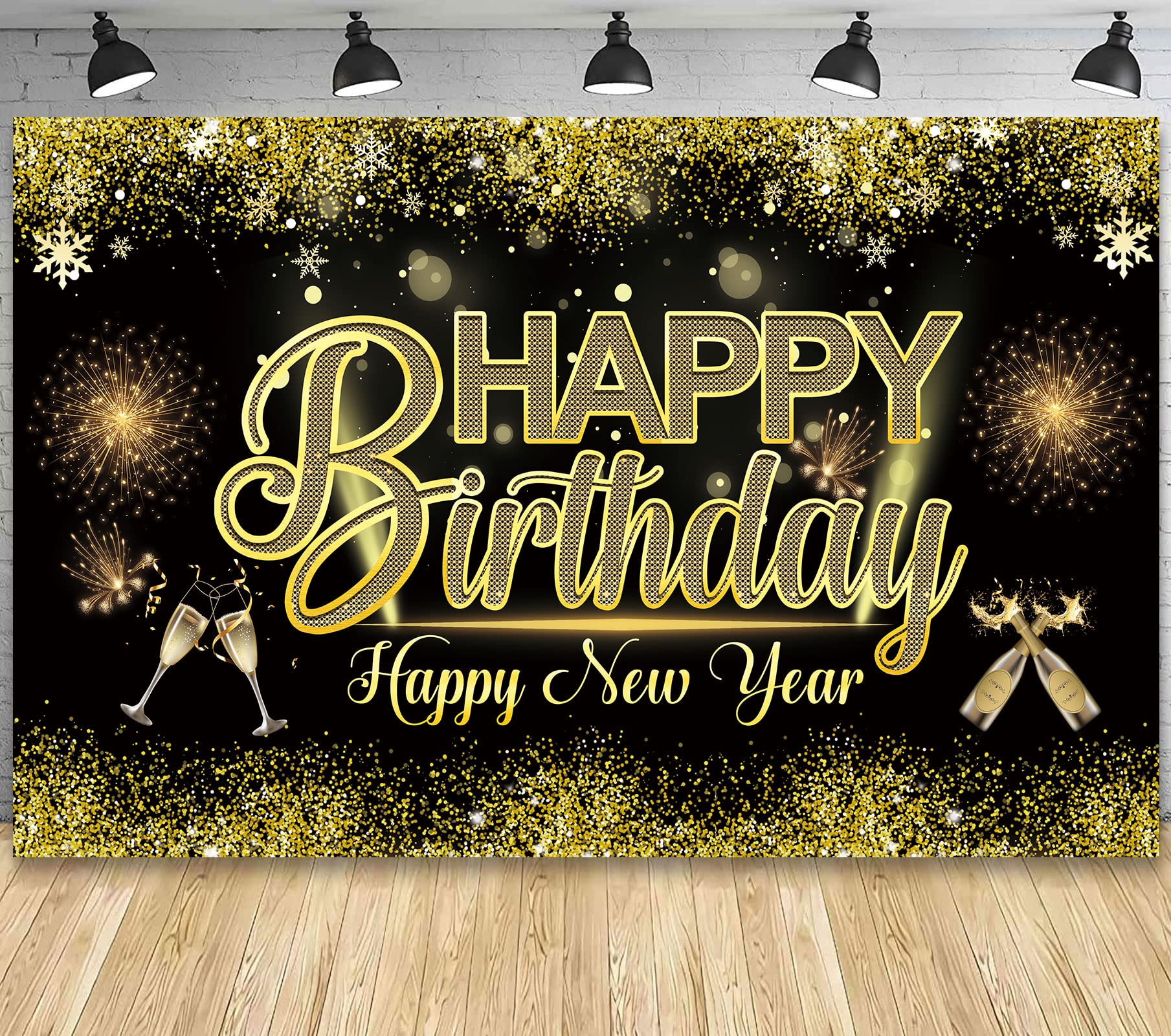 Famoby Happy New Year Fabric Sign Poster Backdrop with Fireworks for New Year Photo Booth Background Party Decoration