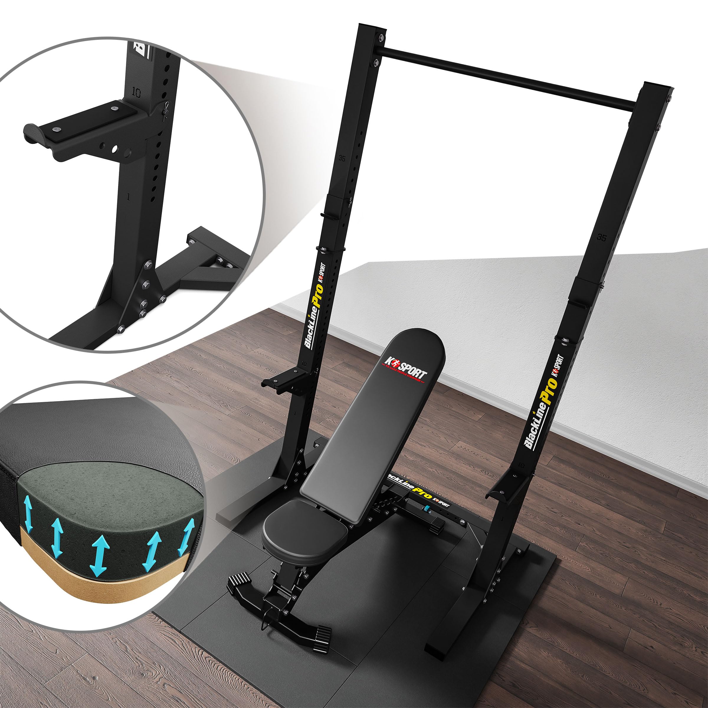 K-Sport: *BLACK LINE* Squat Rack mit Hantelbank| extrem belastbares Trainingsset | Premium Langhantelablage und vielfachverstellbare Multifunktionsbank je bis 350kg belastbar
