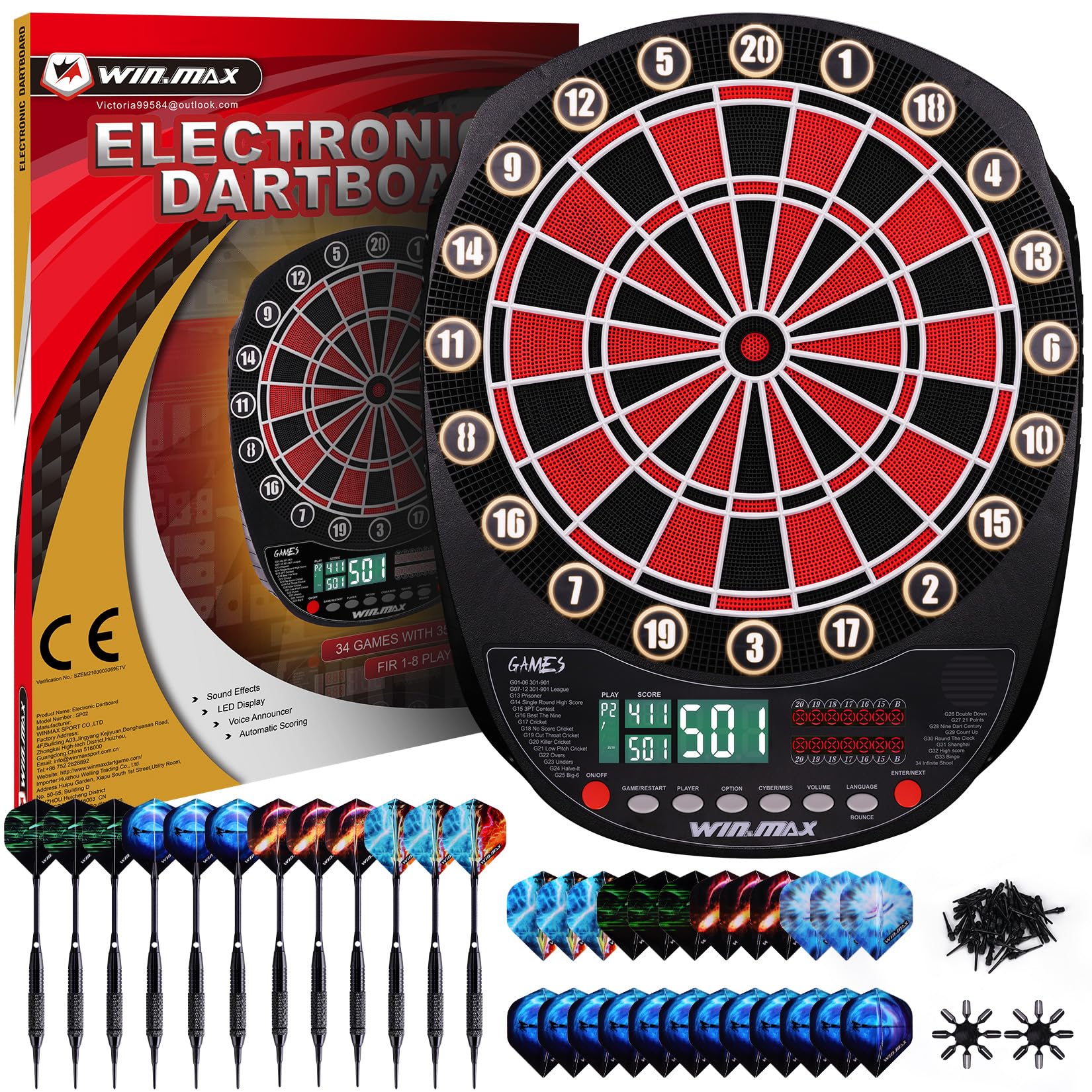 Elektronische Dartscheibe Profi Set 34 Games mit 354 Varianten 3 Sprachen: Deutsch, Englisch, Französisch für 1 bis 8 Spieler mit 12 Darts