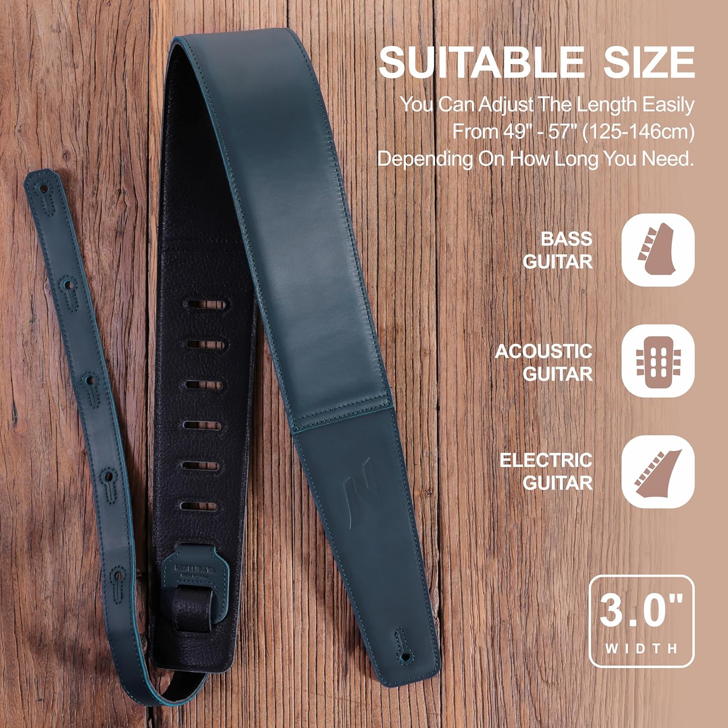 Nefelibata 3" Guitar Strap in First Layer Leather for Bass, Electric and Acoustic Guitars(Vintage Green)