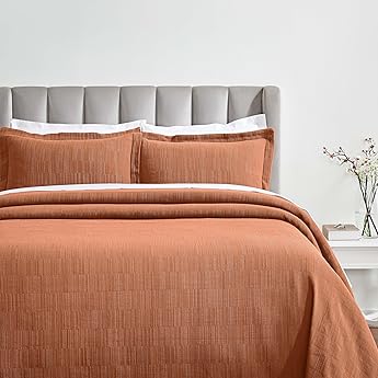 Superior 3 Piece Cotton Bedspread Sham Set, Home Decor, Decorative Bed Spread, 2 Pillow Shams, Medium Weight, Matelasse Coverlet, Bedding Essentials, Madrid Collection, California King, Burnt Orange