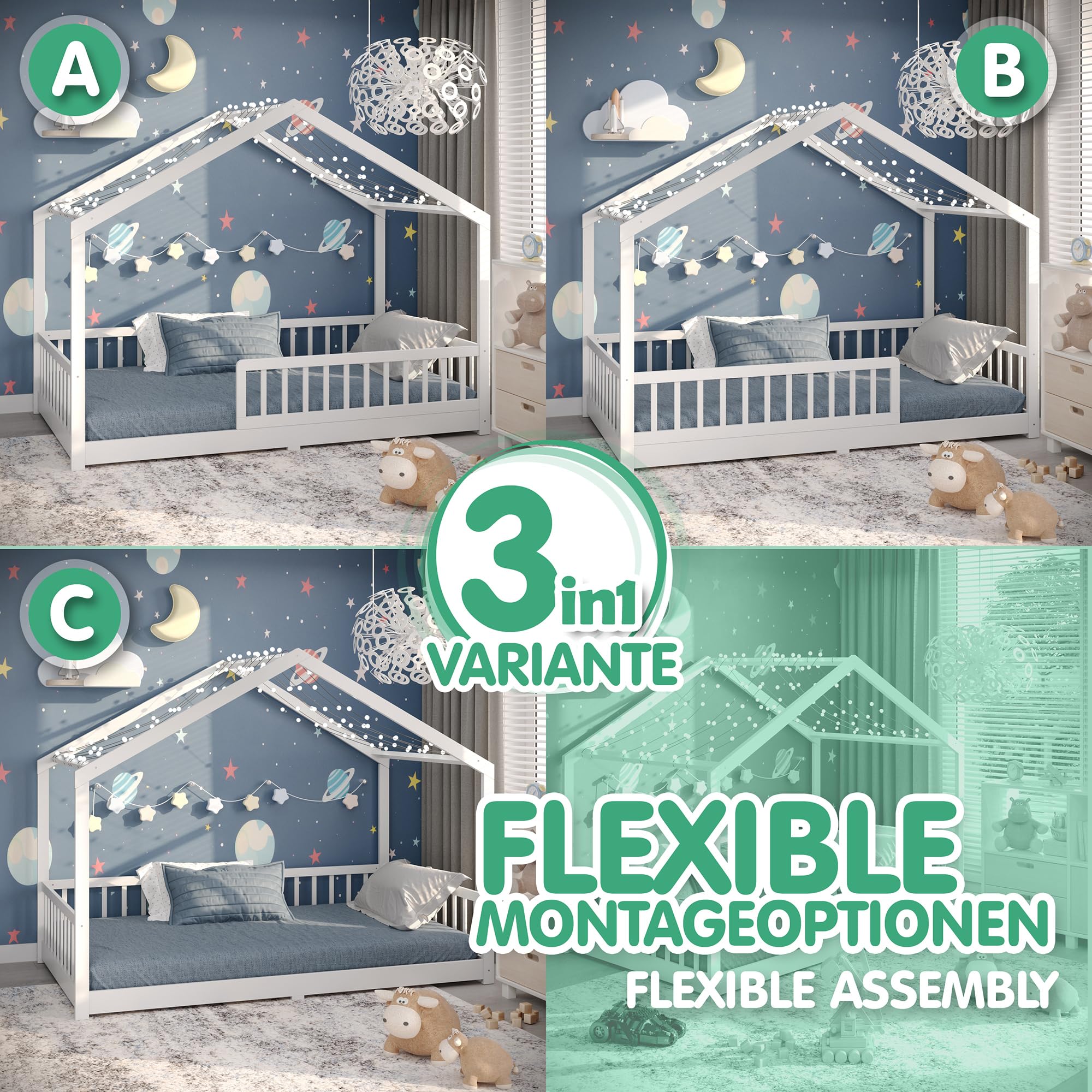 CADANI Malte Kinderbett 120x200 cm – Hausbett mit abnehmbarem Rausfallschutz, bis 200 kg belastbar, Roll-Lattenrost, Montessori Bodenbett aus Massivholz Kiefer, Weiß
