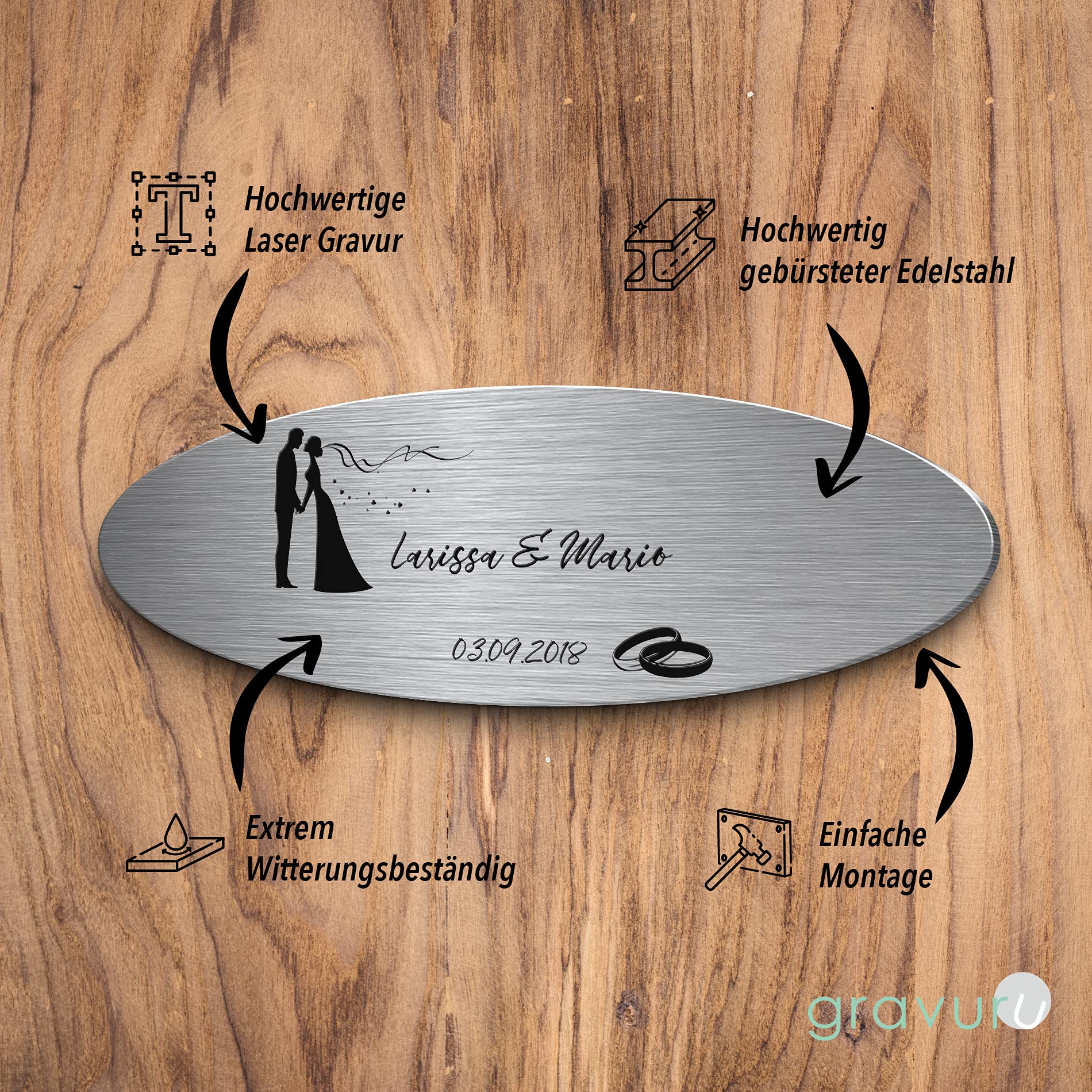 Hochzeitsschild aus Edelstahl oval mit Namen oder Spruch & Herzchen | Wetterfest & viele Motive zB für Hochzeitsbank | Goldene Hochzeit Geschenke zur Silberhochzeit Hochzeitsdeko