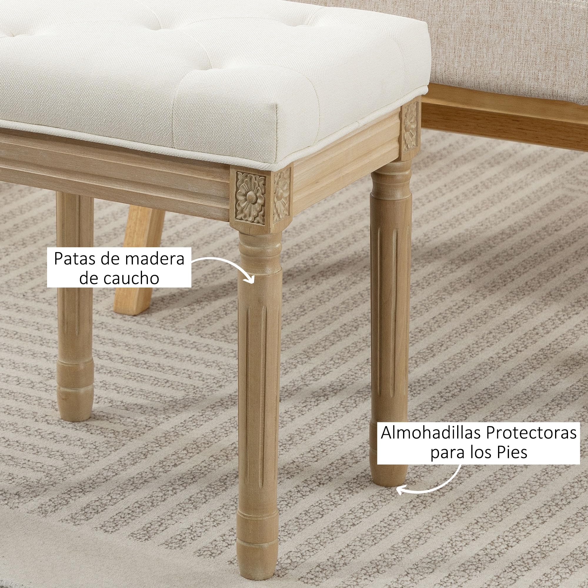 HOMCOM Reposapiés Salón Rústico Tapizado para Dormitorio Sofá Beige | Taburete Bajo, Lino Sintético, Patas Talladas de Madera, Otomana