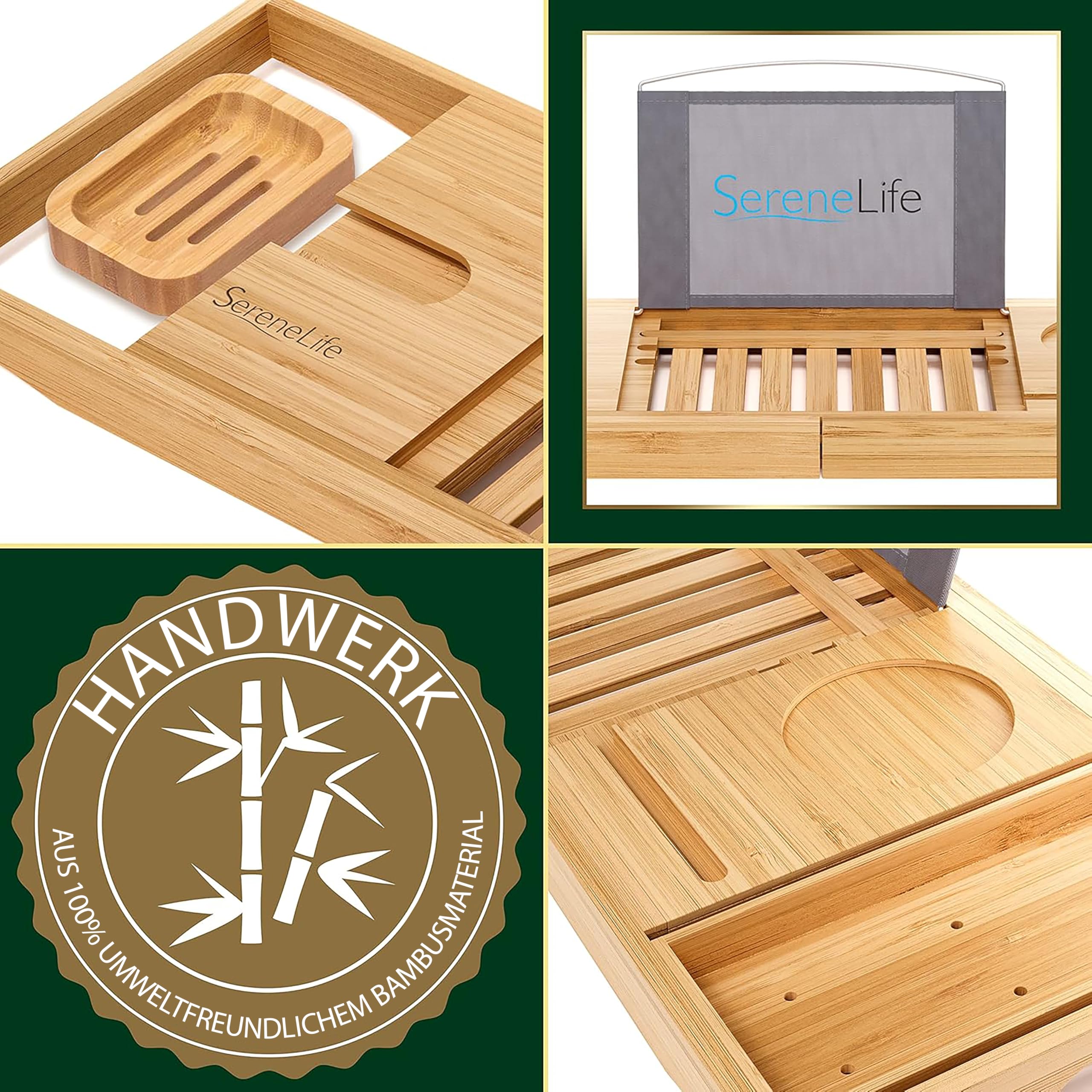SereneLife Badewannenablage Bambus Natur, ausziehbar mit Weinglashalter | Badewannenbrett Holz, 70–104 cm verstellbar, Tablethalter, Seifenablage, schimmelresistent, Geschenkbox