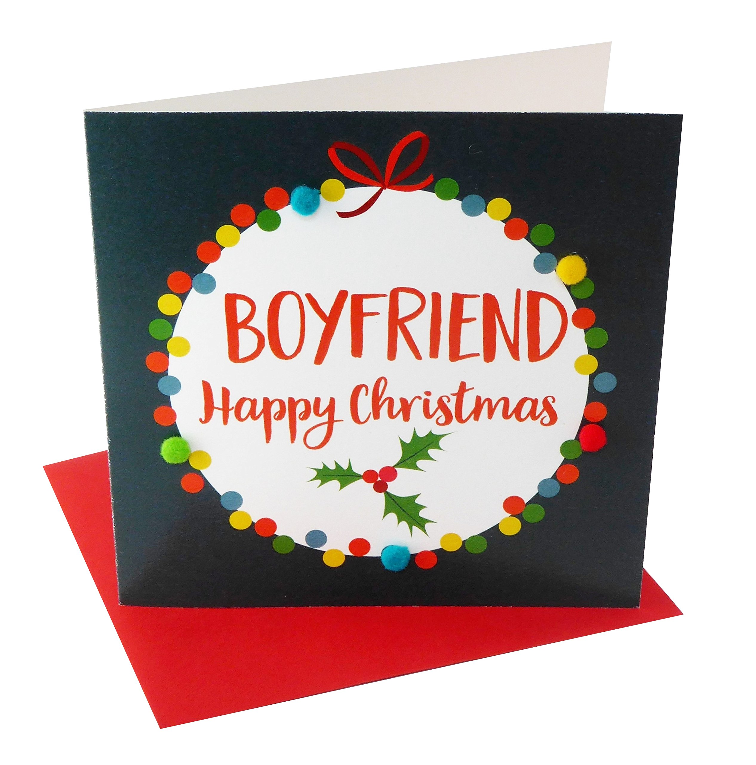 Claire Giles Greeting Cards, Happy Christmas Boyfriend Card, Navy Bauble Design Xmas Card, Embellished with Colourful Pompoms