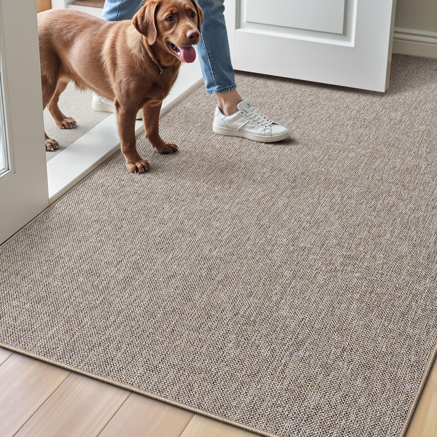 LUMI Ultra Thin Door Mat for Entryway, 48"x72" Low Profile Non Slip Rubber Backing Indoor Doormat, Easy Clean Welcome Entrance Mat for Inside House, Patio, Beige