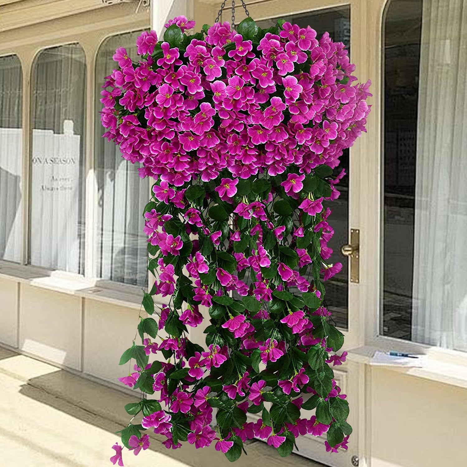 Fake Plants Violet Hanging Plants Artificial Flowers for Outdoors, 2 Pcs Large Bushy Silk Faux Flowers, Look Real Trailing Vines UV Resistant Plants for Outdoor Planters Home Porch Patio (2 Rose Red)