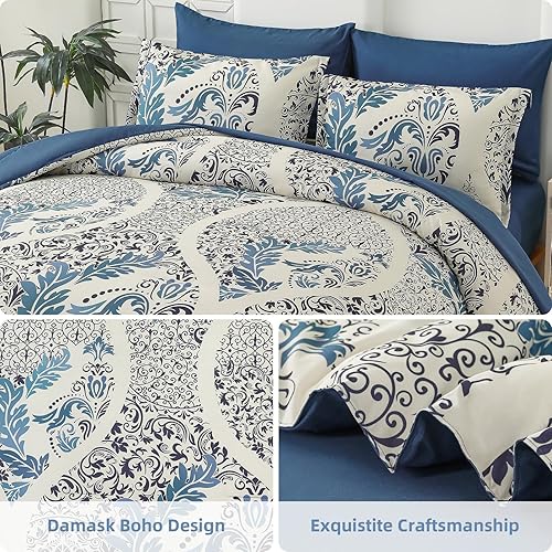 Miniatura 4 de Anibedding Juego de edredón azul tamaño Queen de 7 piezas, juego de edredón de damasco bohemio de microfibra suave y ligera para todas las