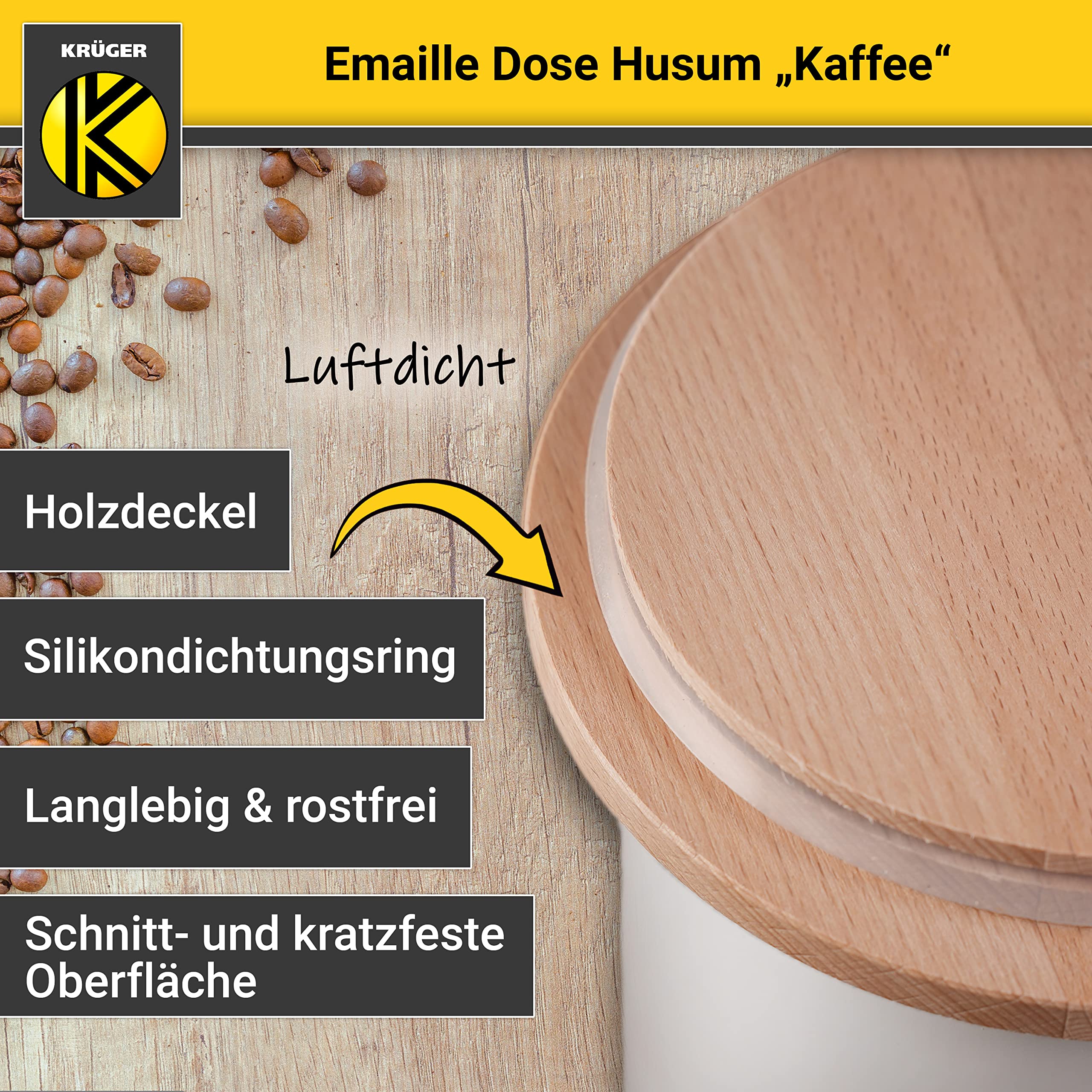 Krüger Emaille-Dose Husum "Kaffee" 3,5 Liter - schnitt- und kratzfeste Aufbewahrungsbox mit Deckel - Silikondichtungsring für luftdichtes Verschließen - spülmaschinengeeignet