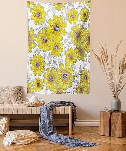 Lunarable Tapiz amarillo y gris, tamaño individual, margaritas retro envejecidas, espirales de dibujo de líneas de margaritas bocetadas, plantas de