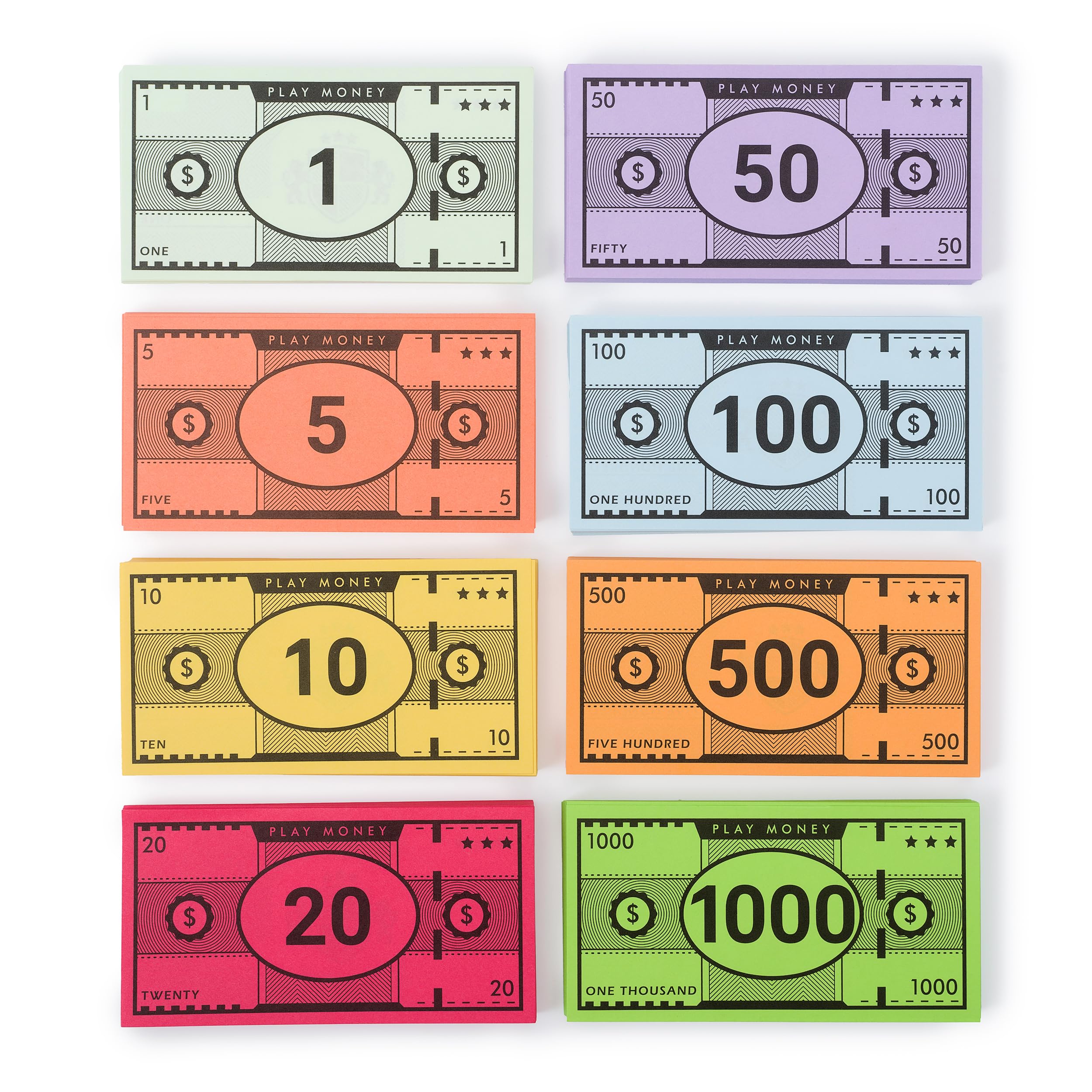 Play Money - 520 Pcs for Board Games - 65 of Each Bill in 8 Denominations - Double Sided Printed Paper for Pretend Play Cashier, Opoly Refill Packs