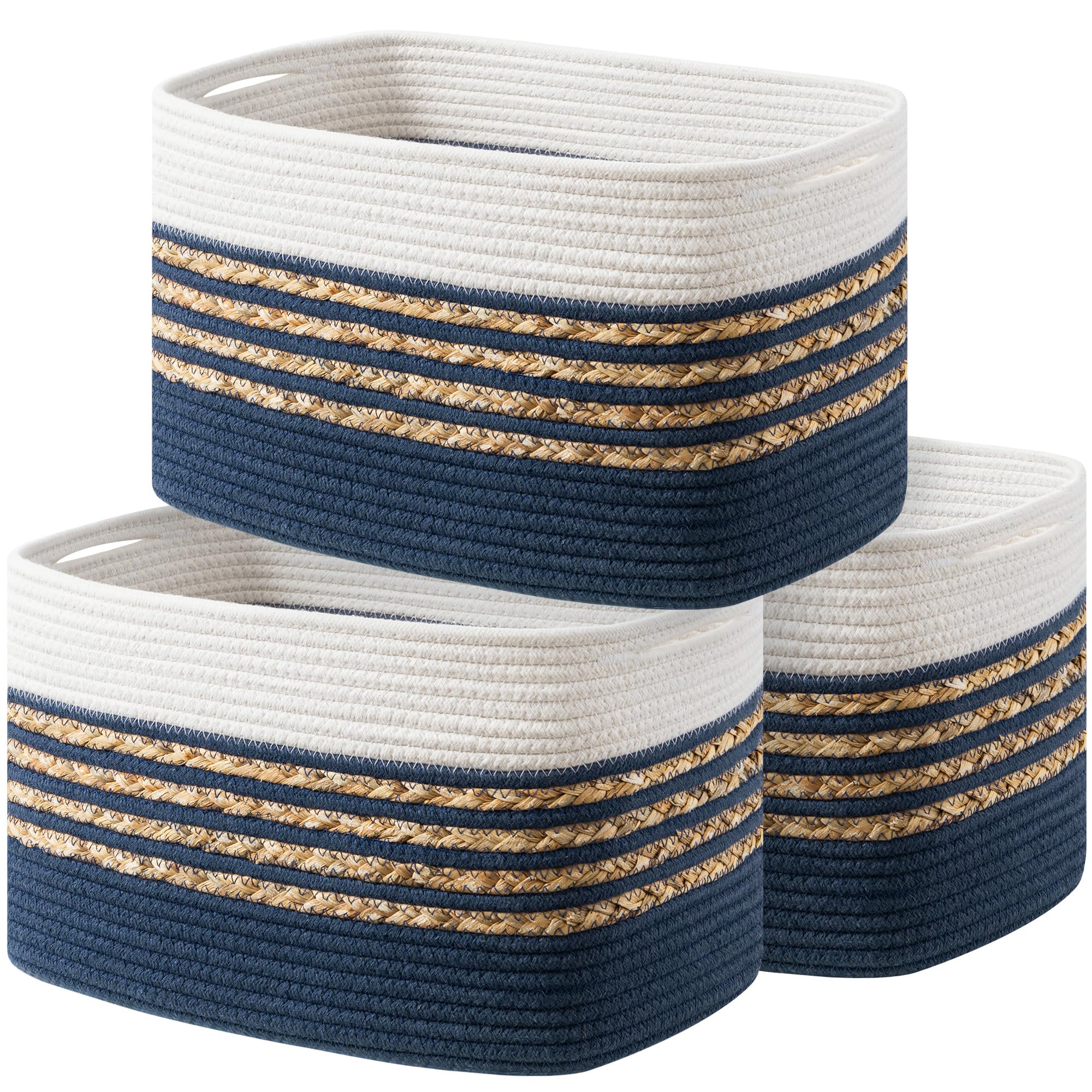 3 Pack Baskets for Organizing, Woven Storage Baskets for Toys and Towel, Rectangle Cotton Rope Basket with Handles, 15''L x10''W x9''H, Navy Blue