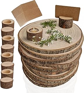 AMCOARG 10 Wood Slices for Centerpieces 6-8 in, with 10 Versatile Holders Numbers-Candle and 20 Cards. Wood Centerpieces for Table, Rustic Wedding, Baby Showers, Unfinished Wood for Crafts DIY