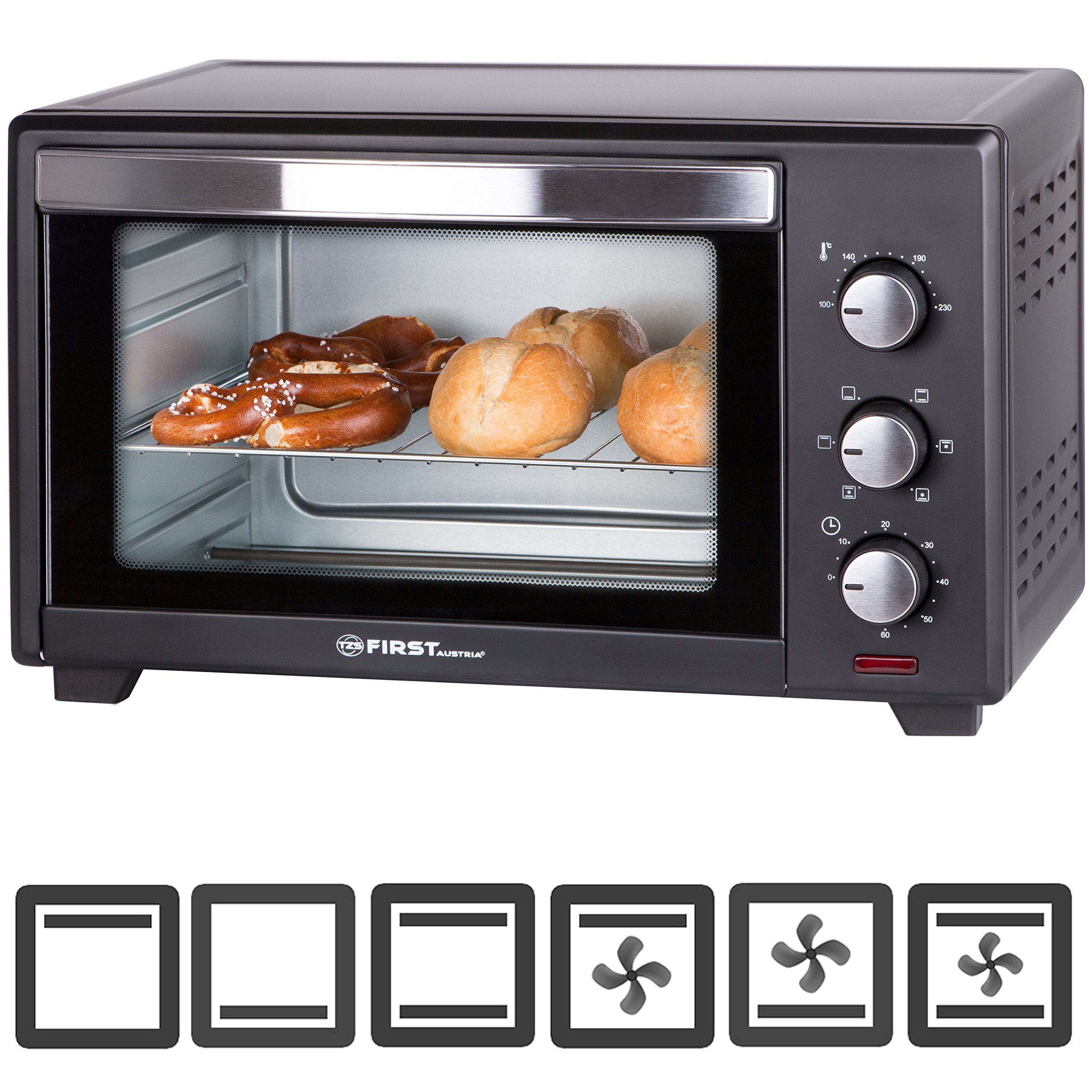 TZS First Austria - 35 l, 1600 W, mini piekarnik z oświetleniem wewnętrznym i termoobiegiem, mini piec do pizzy, podwójne szklane drzwi, timer, mini piekarnik, piec do pizzy | wyjmowana blacha na