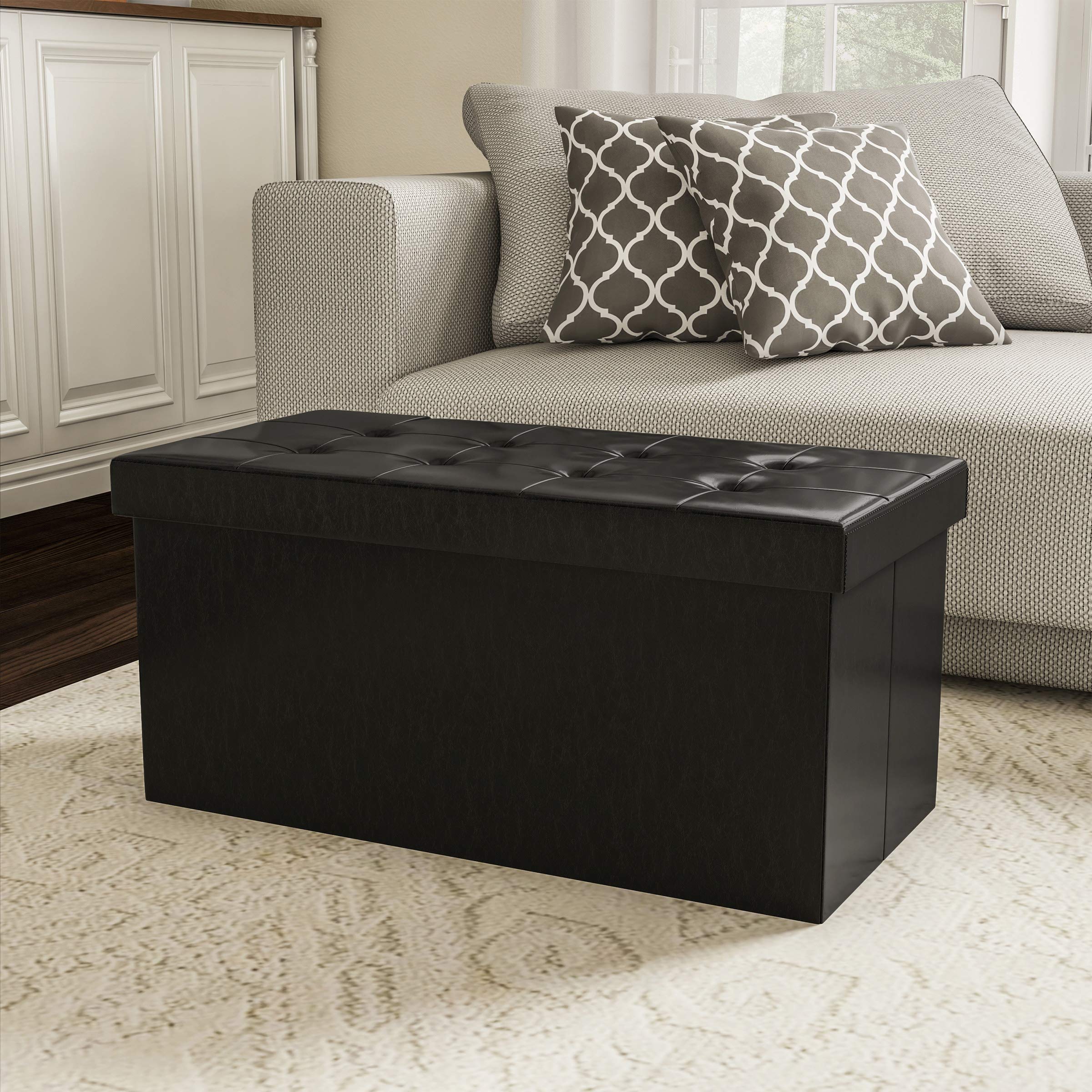 Lavish HomeStorage Ottoman - 30-Inch Folding Faux Leather Footrest, Linen Chest, or Bench with Removable Bin for Living Room or Bedroom by Home-Complete (Black)
