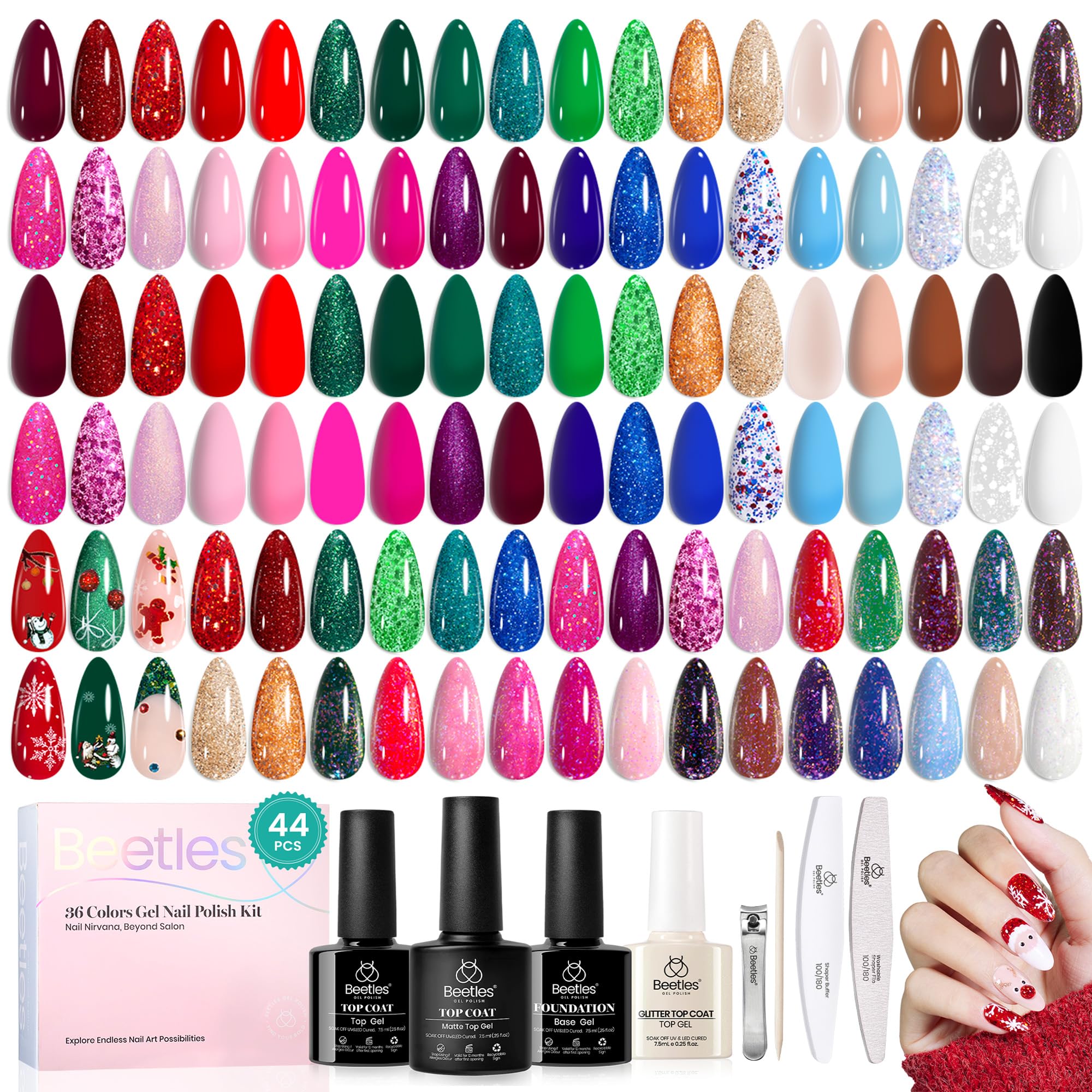 Beetles Christmas Gel Nail Polish Set, Glitz Galaxy Gel Polish Kits, 44Pcs Burgundy Red Gold Green Silver Blue Pink Sparkle Shade with Base Top Coat Winter Manicure Gift for Women