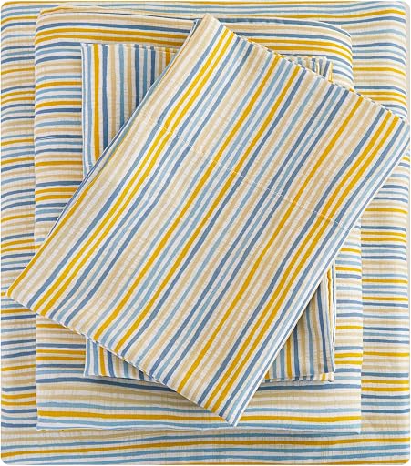 Mooreeke Striped Queen Bed Sheets, Deep Pocket 4 Piece Queen Sheet Set, Soft Microfiber Blue Yellow Pinstripe Bedding Sheets & Pillowcases