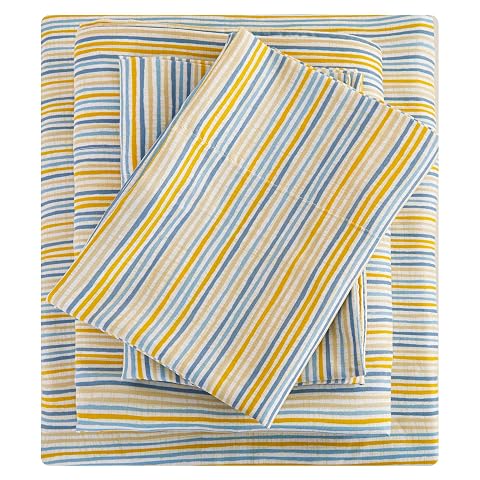 Mooreeke Striped Queen Bed Sheets Deep Pocket 4 Piece Queen Sheet Set Soft Microfiber Blue Yellow Pinstripe Bedding