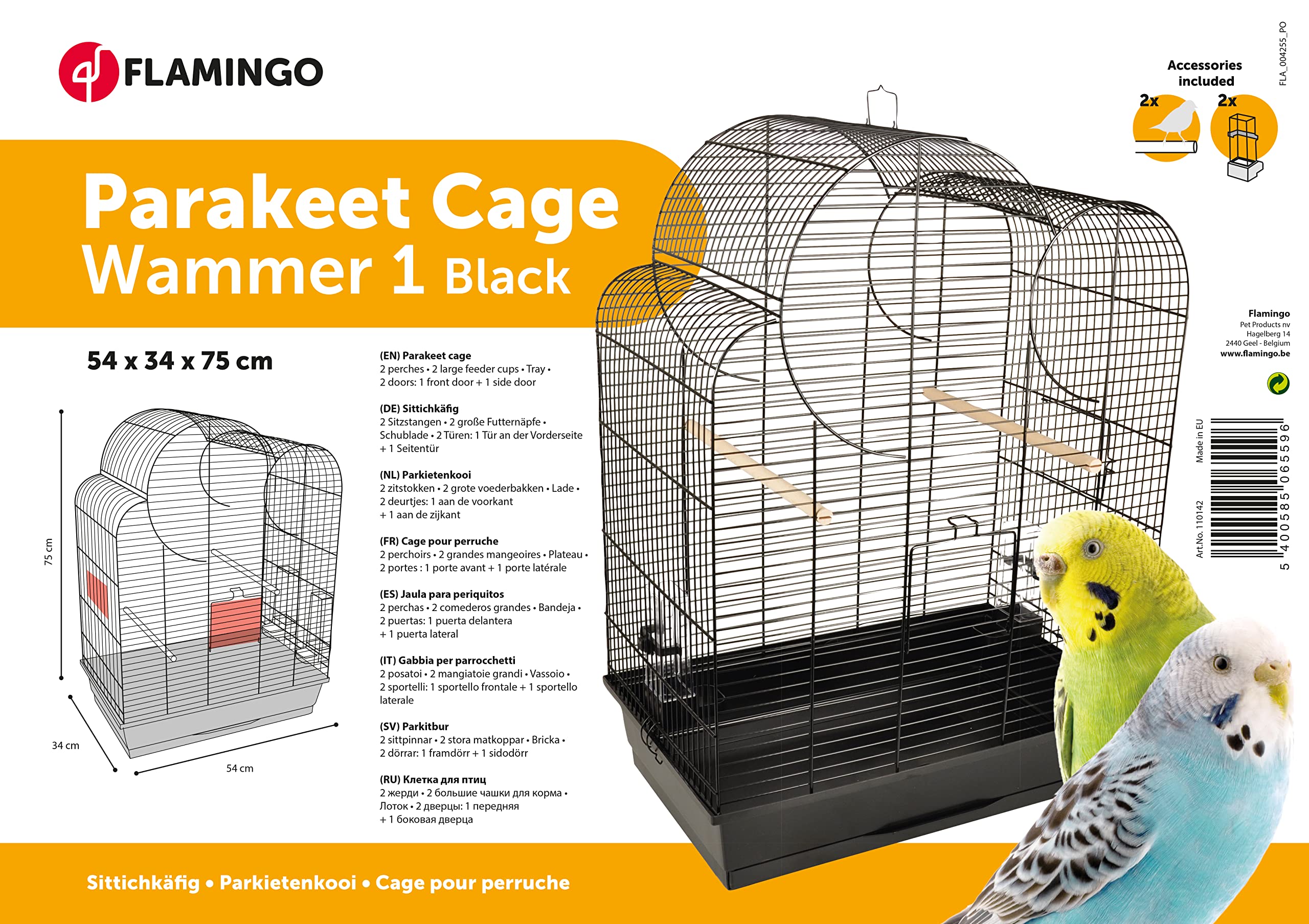 Flamingo Vogelkäfig – Voliere Vögel – Wammer 1 Schwarz – 54×34×75 cm – 2 Sitzstangen & 2 Näpfe, 2 Klapptüren, Kunststoff-Schublade, EU-Herstellung