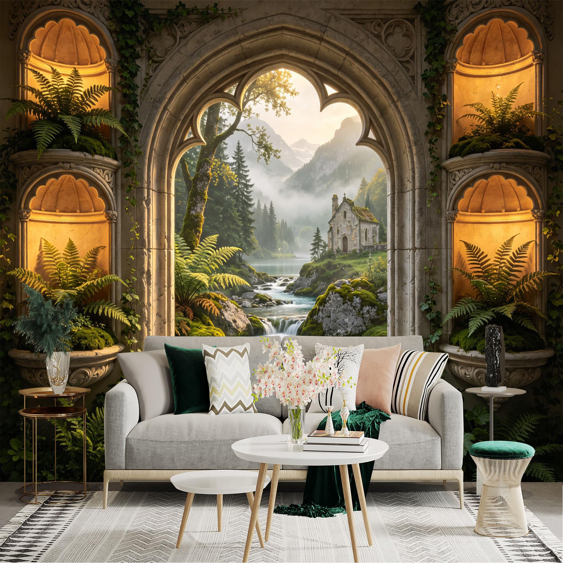 Lnzczhyre Dbh260521167 Custom Size Wall Sticker Mural， Stone Archway View， Misty Forest Landscape， Mountain Lake With Old Cottage， Nature Scenic Decor， For Wall Decoration， Peelandstick Wall Decals.