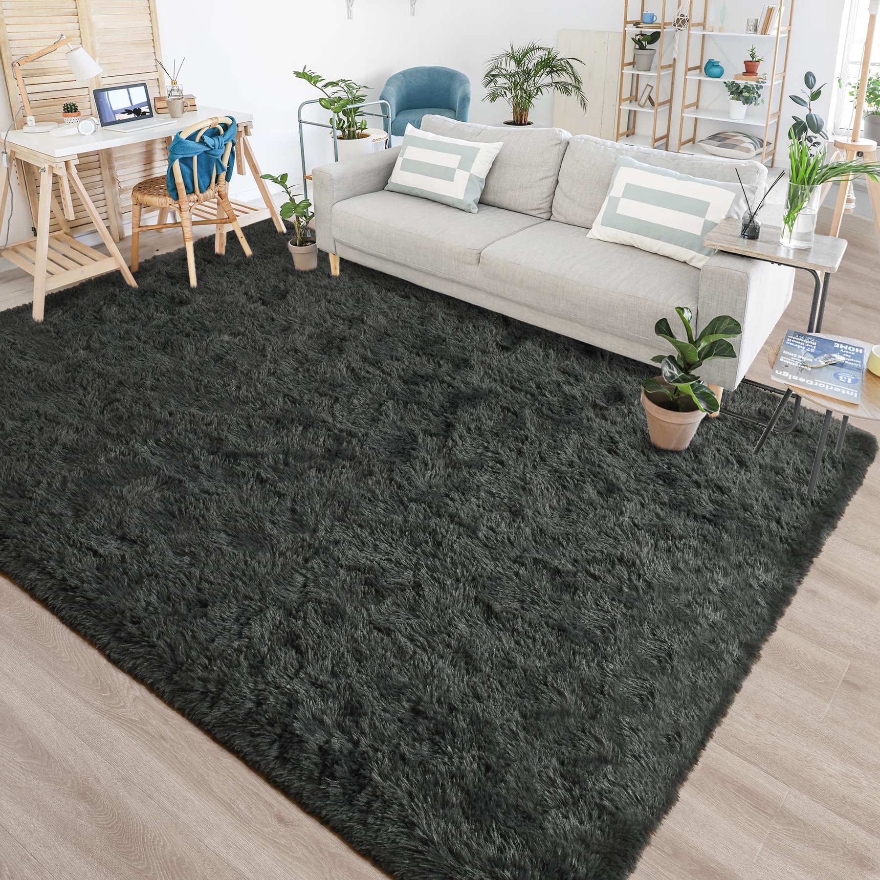 Chicrug - Soft Fluffy Area Rug for Bedroom, Living Room, 0.9 x 1.5m, Shag Furry Rugs, Non Shedding Carpet for Nursery, Kids, Girls Room, Home Decor, Dark Gray