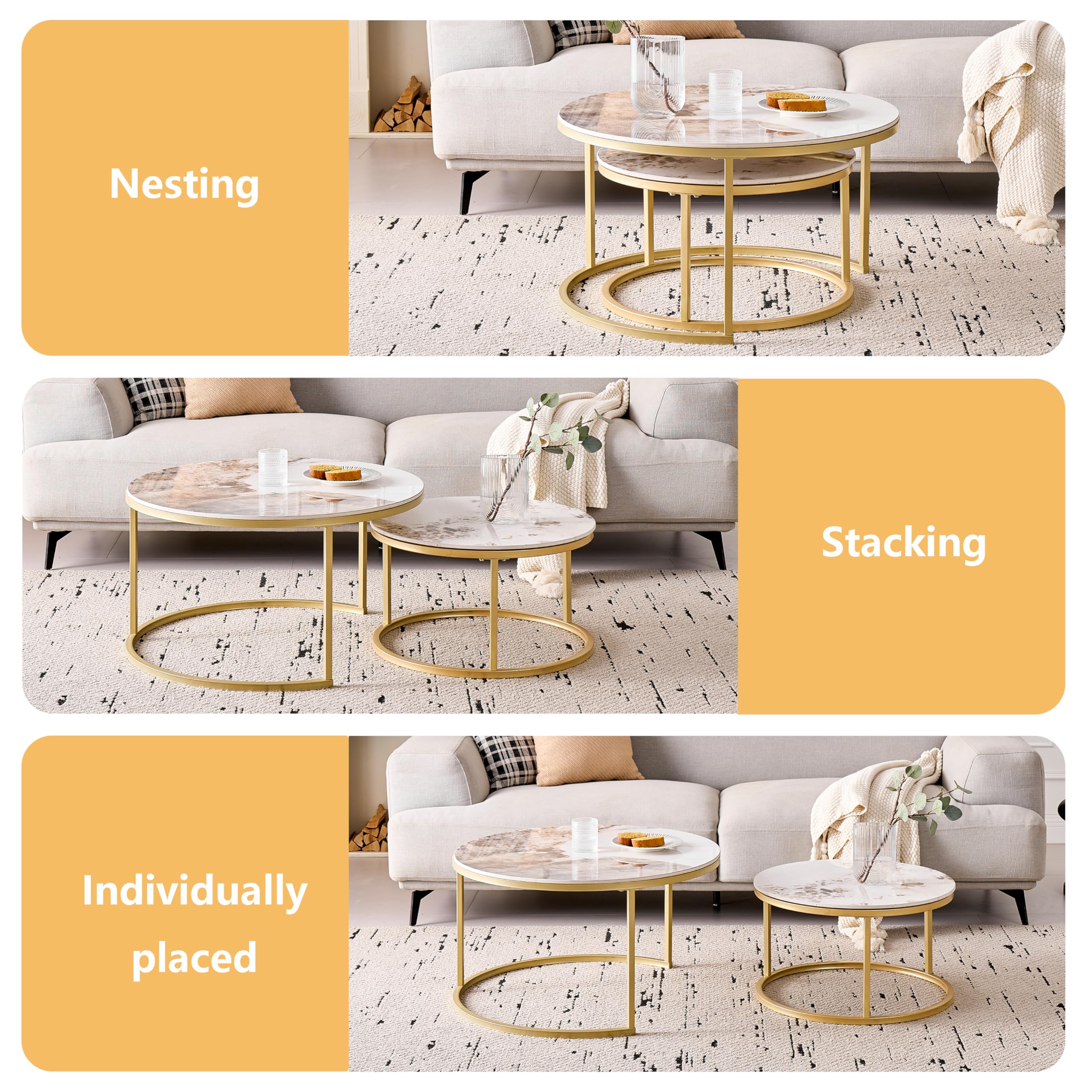 Set di 2 Tavolini da Caffè Impilabili in Marmo con Piano in Marmo Pandora e Struttura in Metallo Dorato, Tavolino Rotondo Moderno da Soggiorno - 70 x 70 x 45 cm