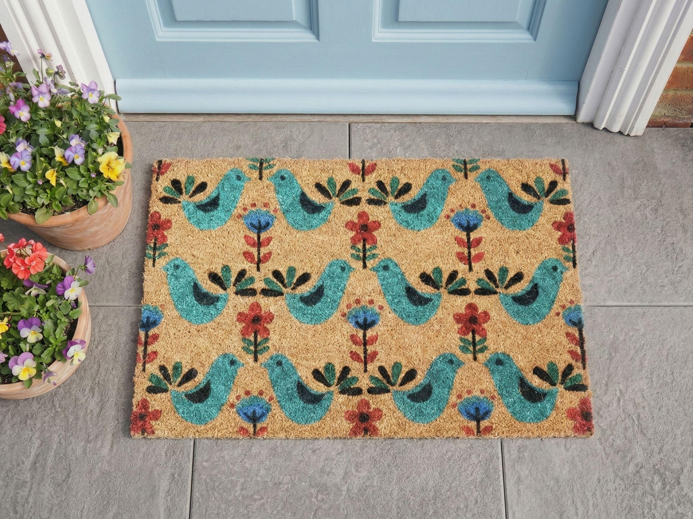 Beliani Paillasson d'Entrée en Fibre de Coco 50 x 80 cm Dessous PVC Antidérapant Motif Oiseau Multicolore Tanana