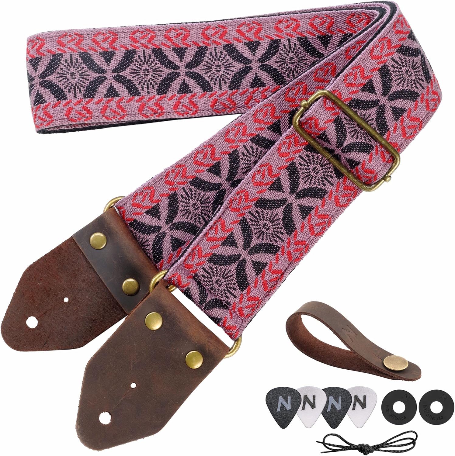 Nefelibata Guitar Strap,Jacquard Embroidery Cotton Guitar Straps with Crazy Horse Leather Leather Ends for Bass, Electric & Acoustic, Best Gifts for Kids, Guitarists(Embroidered red)