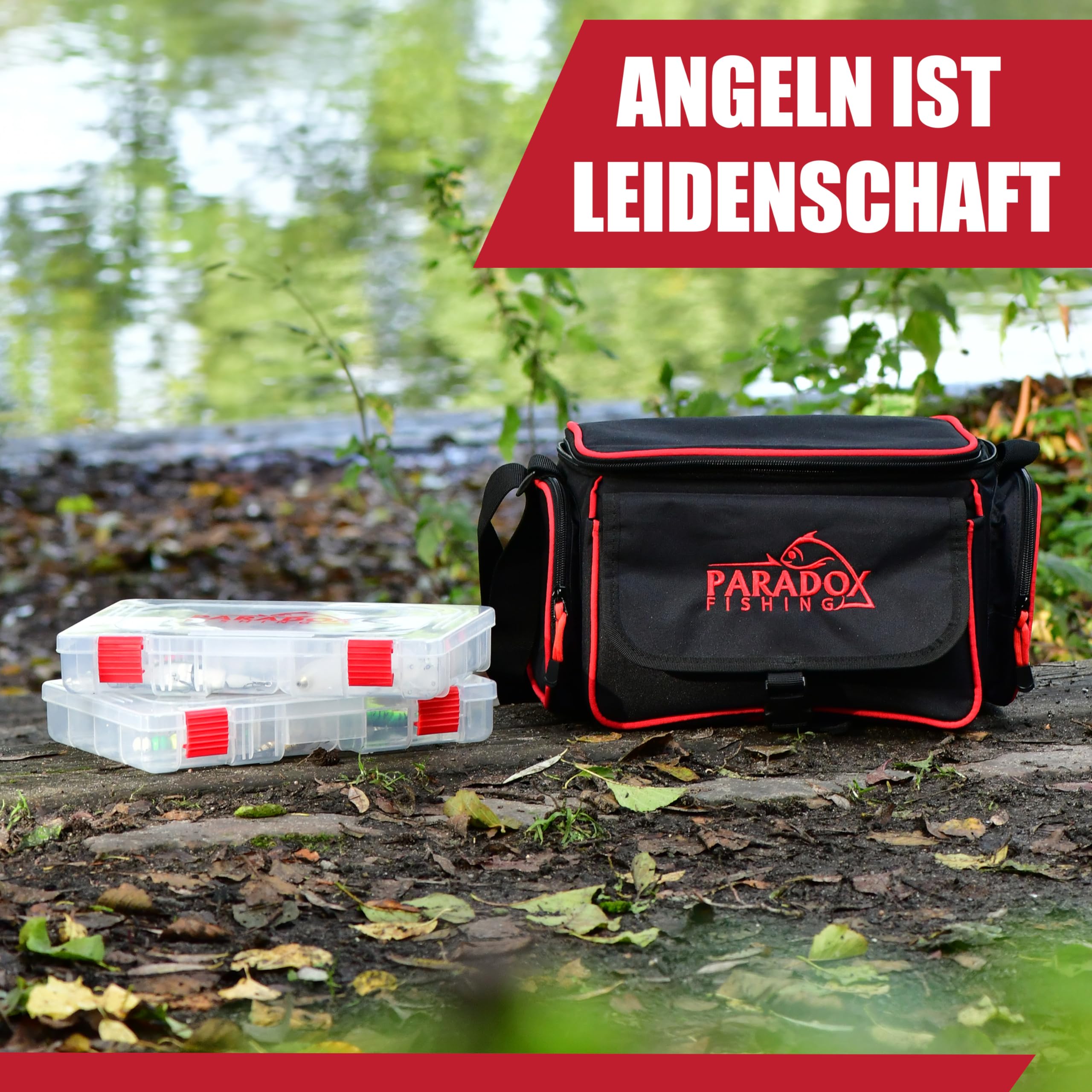 Paradox Fishing Angeltasche mit Boxen I inkl. 4 Boxen I Angelrucksack Angelkoffer - viel Platz für Köder und Angelzubehör