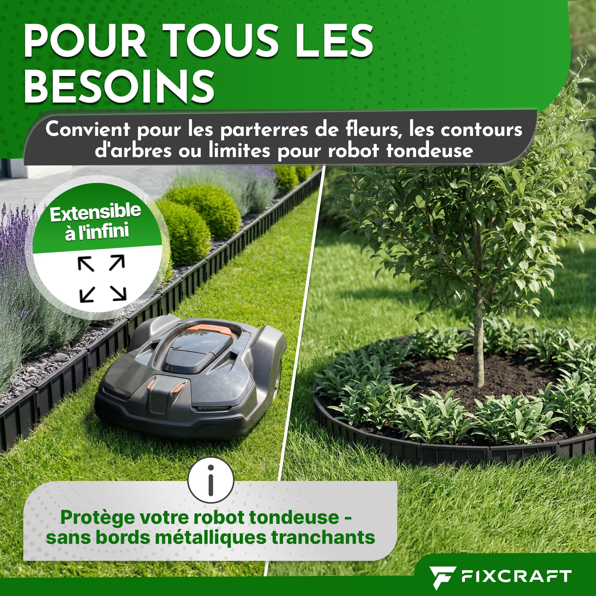 Bordure de Jardin 10m [15cm Hauteur] - Bordure Pelouse Plastique | Bordure flexible pour Pelouse, Massif, Allée | Extra stable, anti-pli, Tête de Frappe large | Sûr pour Robot Tondeuse