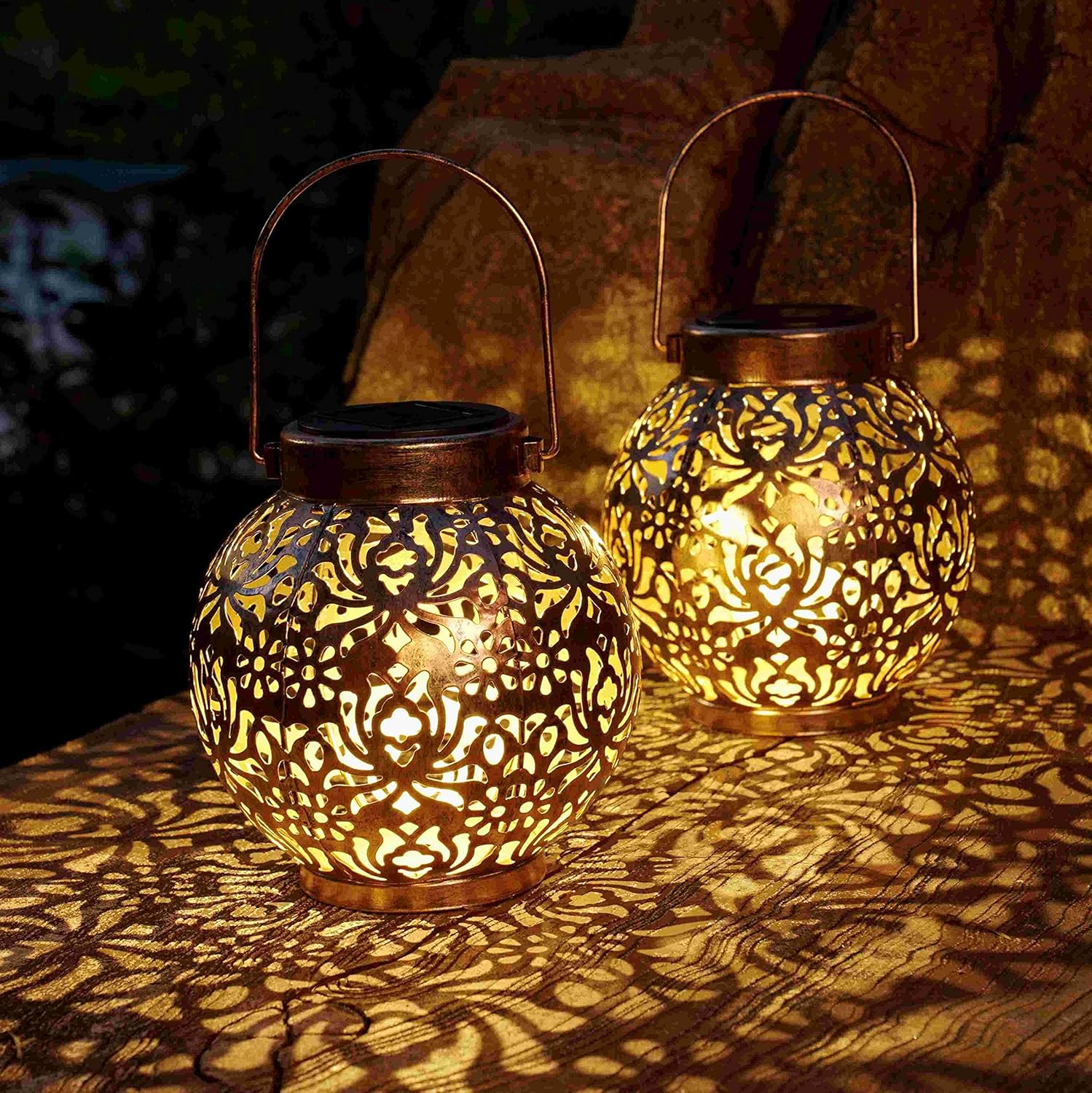 Set of 2 Solar Lanterns Outdoor Hanging Decorative Lights for Garden Patio Porch Decorations. (Bronze)