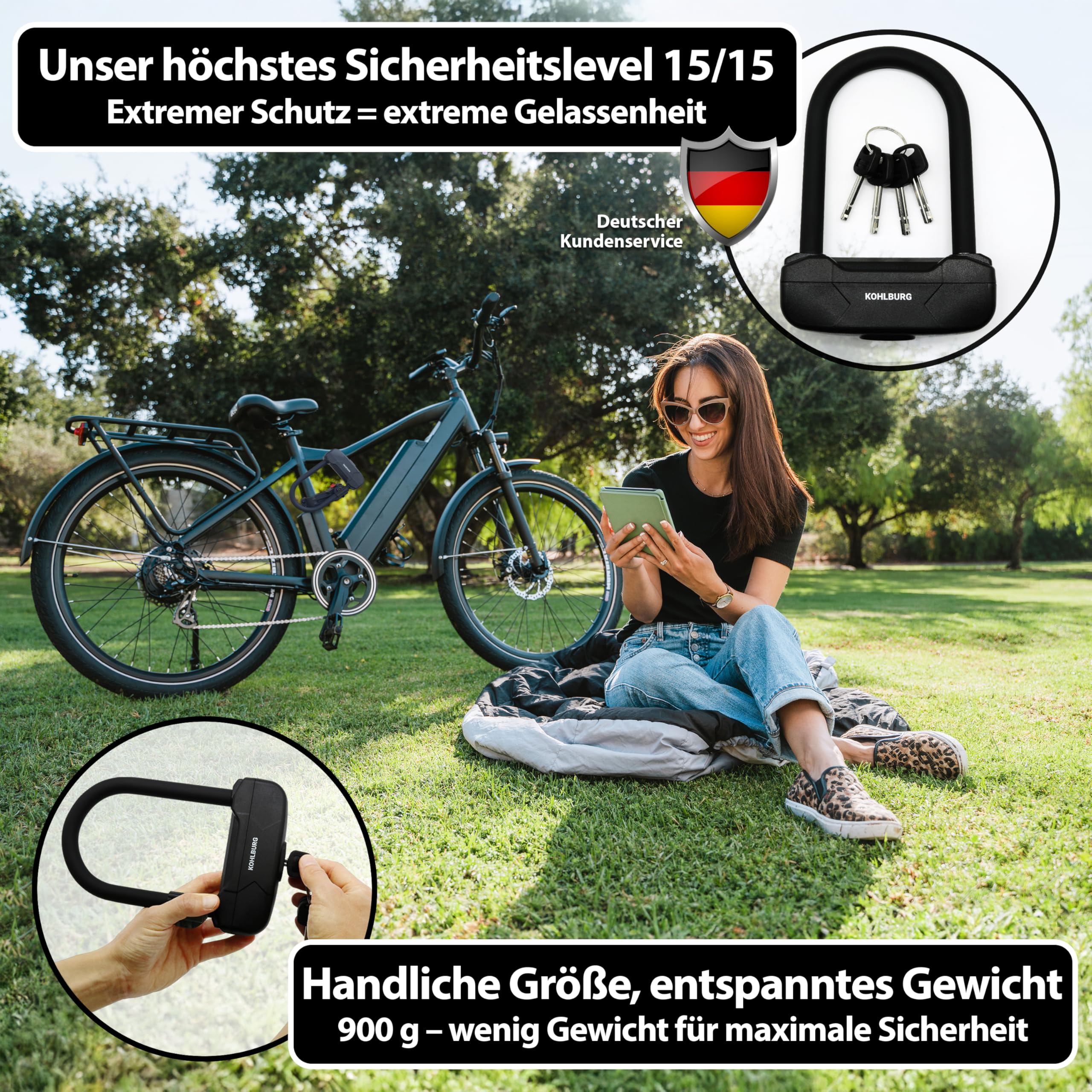 KOHLBURG kleines & leichtes Sicherheits Bügelschloss [900g leicht] - Fahrradschloss mit höchstem Sicherheitslevel 15 - mit 4 Schlüssel & Halterung - U Lock hohe Sicherheit für Fahrrad Ebike e-Scooter