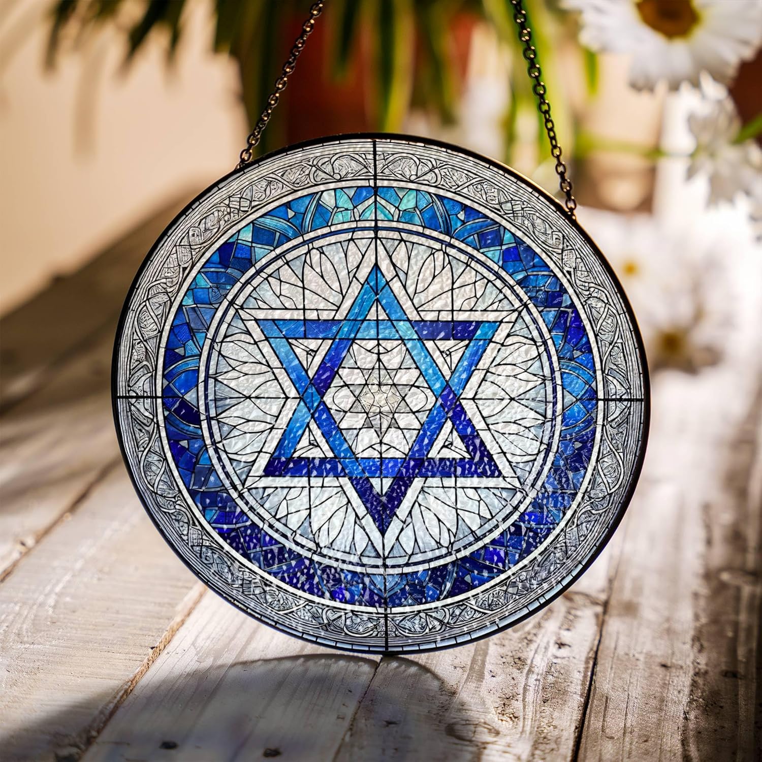 Jewish Star of David Suncatcher, Hanukkah Decor Window Hanging Stained Glass Decoration (7.8 Inches)