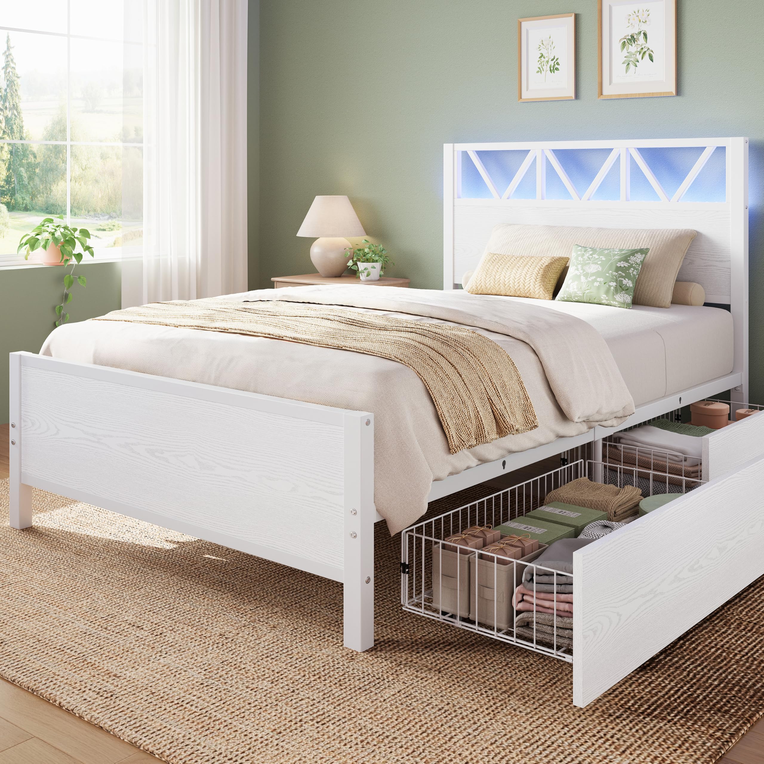 LIKIMIO Twin XL Bed Frame with Lights and Charging Station