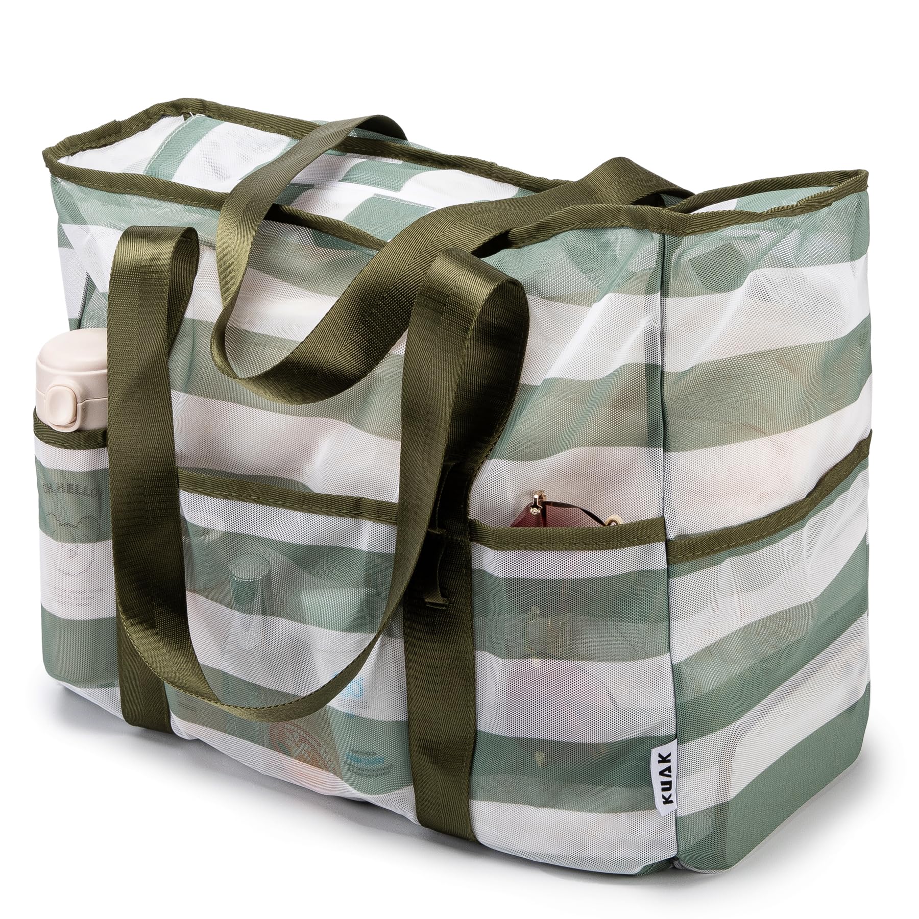 KUAK Mesh Beach Bag, Large Beach Tote with Top Zipper, 9 Pockets, Inner Waterproof Pocket for Family Pool Vacation Essentials