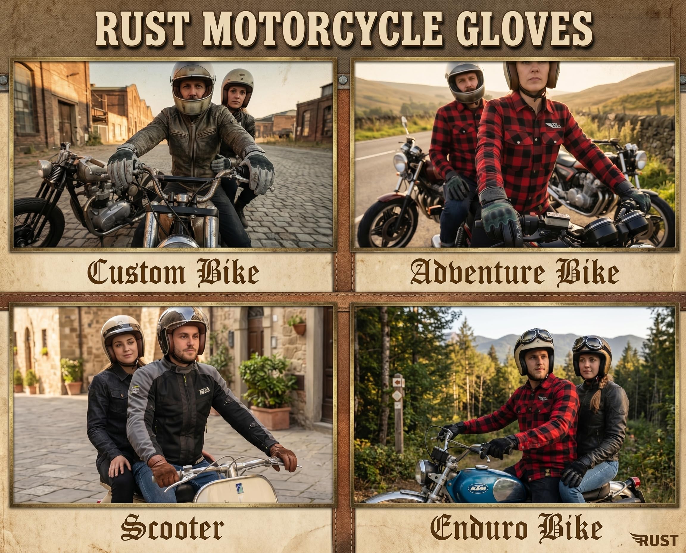 TLA RUST Guanti moto in pelle vintage con protezioni nocche omologati CE, 2XS a 4XL uomo e donna, Guanti da moto, scooter, racing, touchscreen, alta protezione all'impatto.