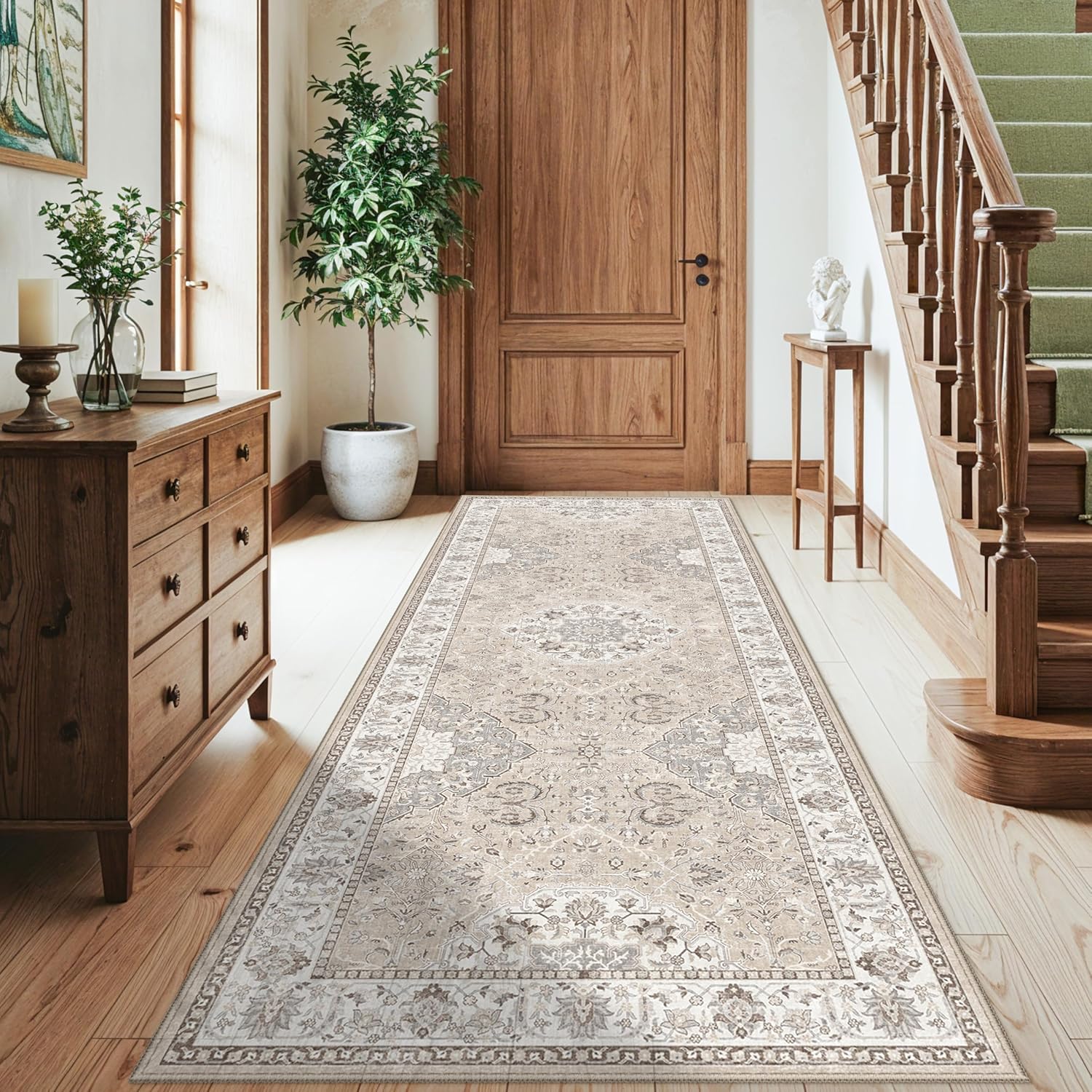 Washable 3x8 Kitchen Runner Rug: Indoor Oriental Hallway Carpet Low-Pile Stain Resistant Entryway Bathroom Area Rug Non Slip Vintage Soft Floor Mat for Living Room Bedroom Boho Home Decor(3x8,Beige)
