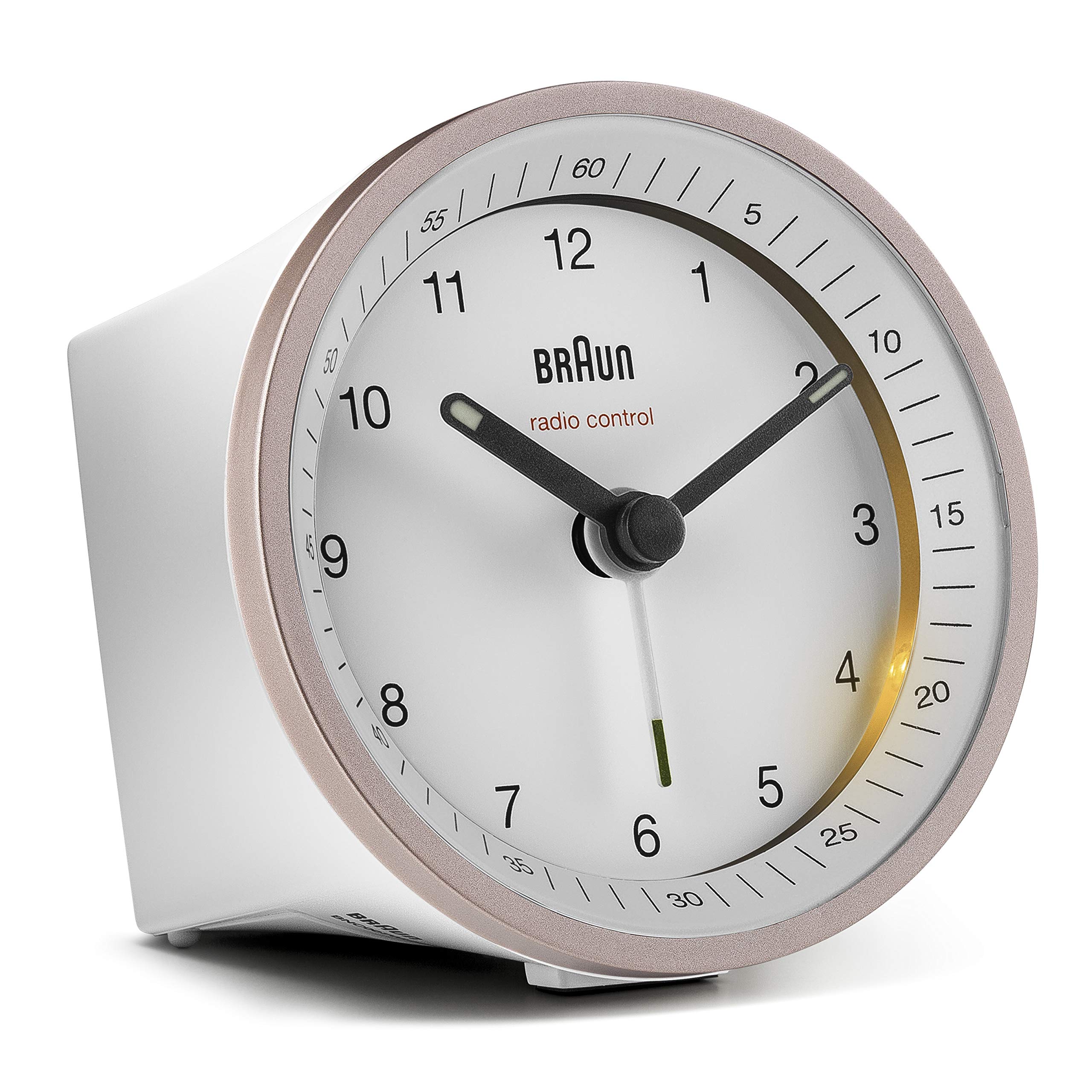 Braun BC07PW-DCF Classic Analogue Radio-Controlled Alarm Clock for Central European Time Zone (CET/GMT+1) with Snooze Function and Lighting, Quiet Movement, Crescendo Alarm in White and Rose, White,