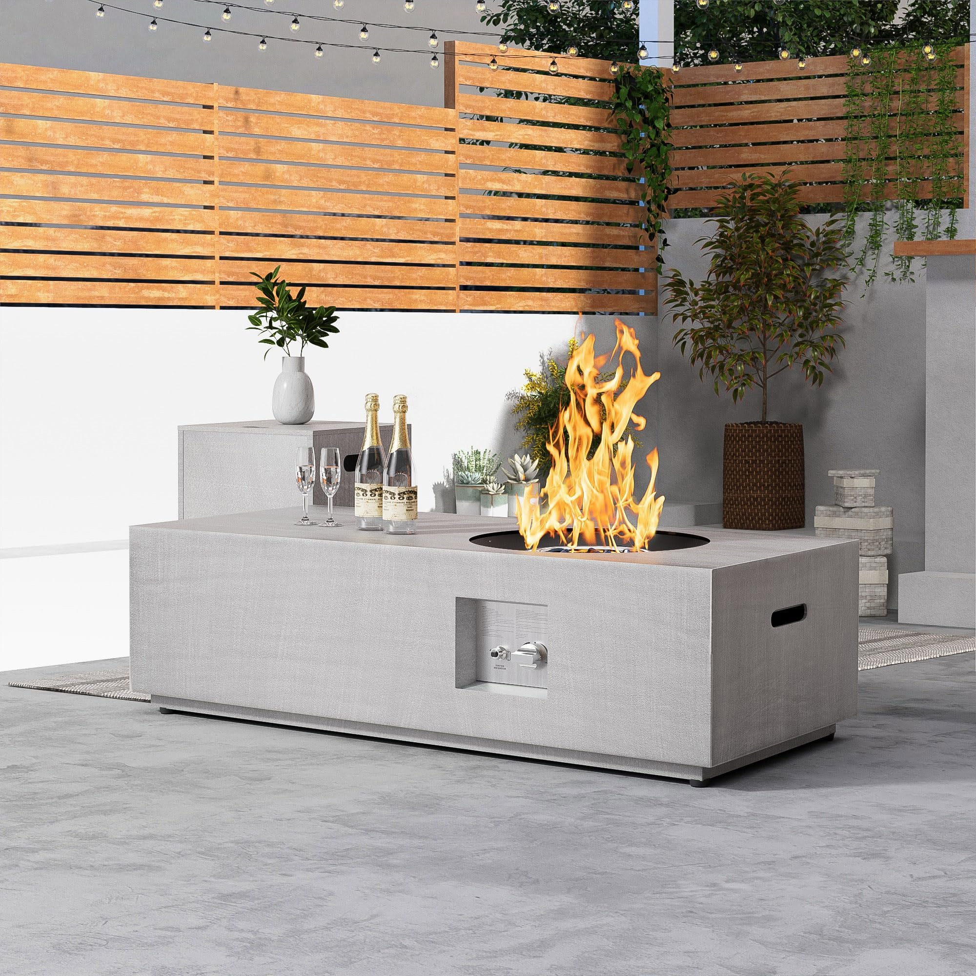 48” Outdoor Propane Fire Pit Table with Round Burner, Modern Rectangular Gas Fire Pit for Outside Patio Fireplaces, Large Firepit Table for Backyard and Deck, 50,000 BTU (Light Grey)