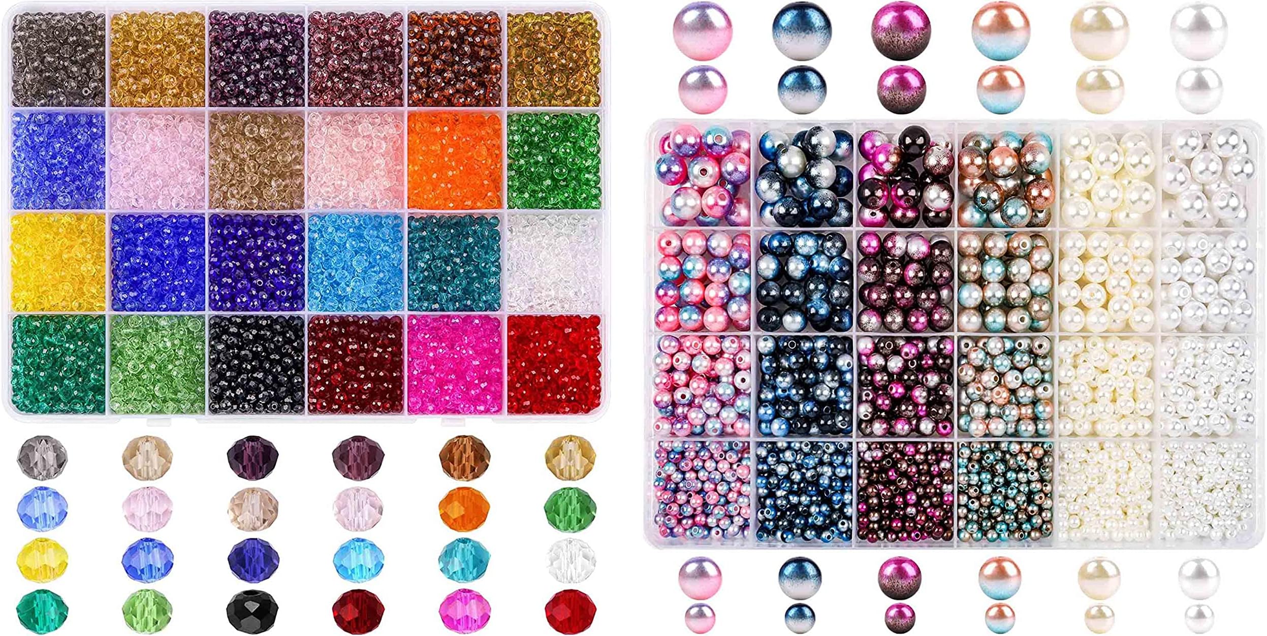 Suhome4800pcs 24 Color 4mm Briolette Crystal Glass Beads, Supplies with 24 Compartments Beads Container 1890pcs 6 Colors 4/6/8/10mm Multicolored Round Spacer Beads