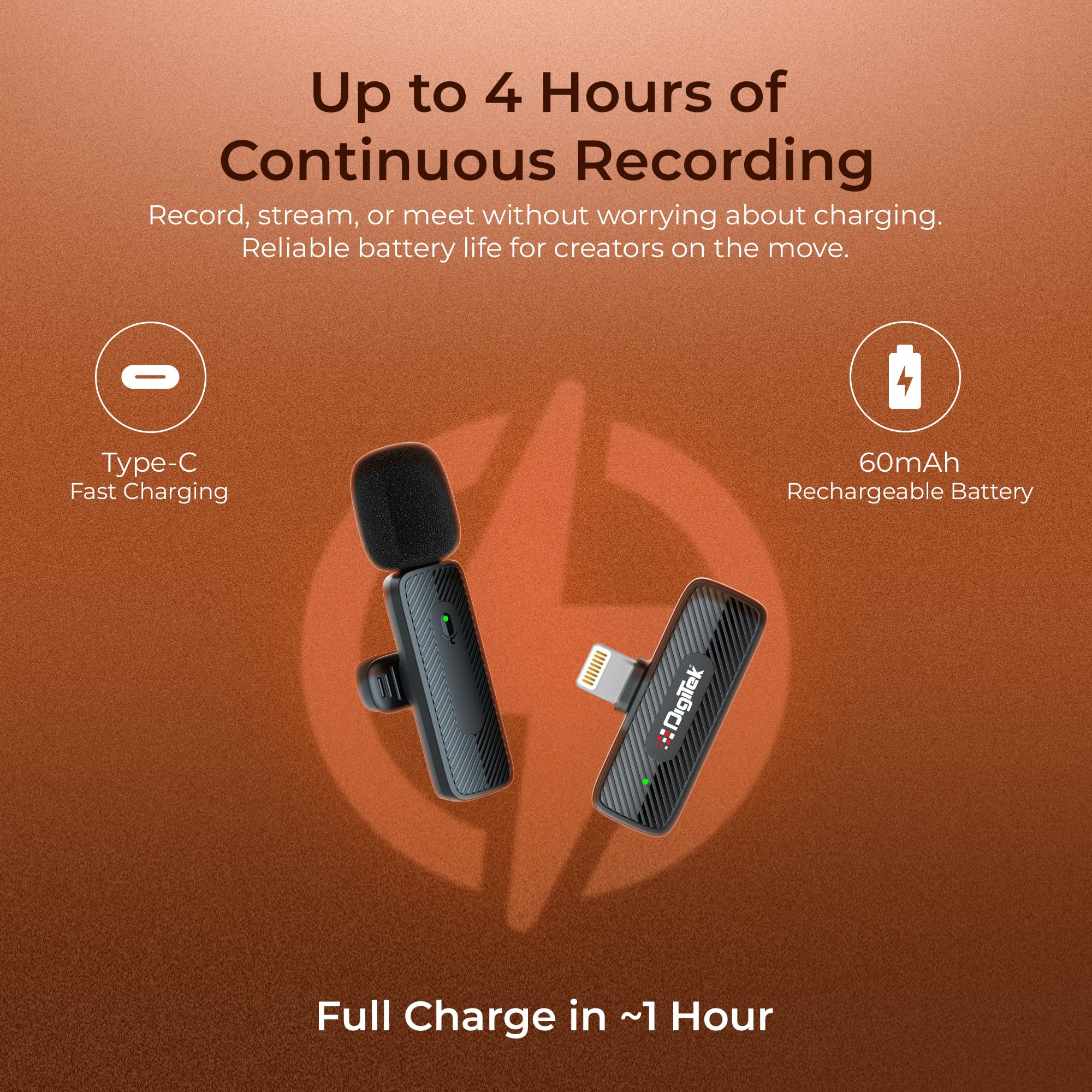 Digitek® (DWM-007 PRO Wireless Microphone 2402-2480 MHz & Receiver with Lightning Connector,4Hr Battery, for Voice Recording & Live Streaming, only for iPhones with Lightning (LTC) 4