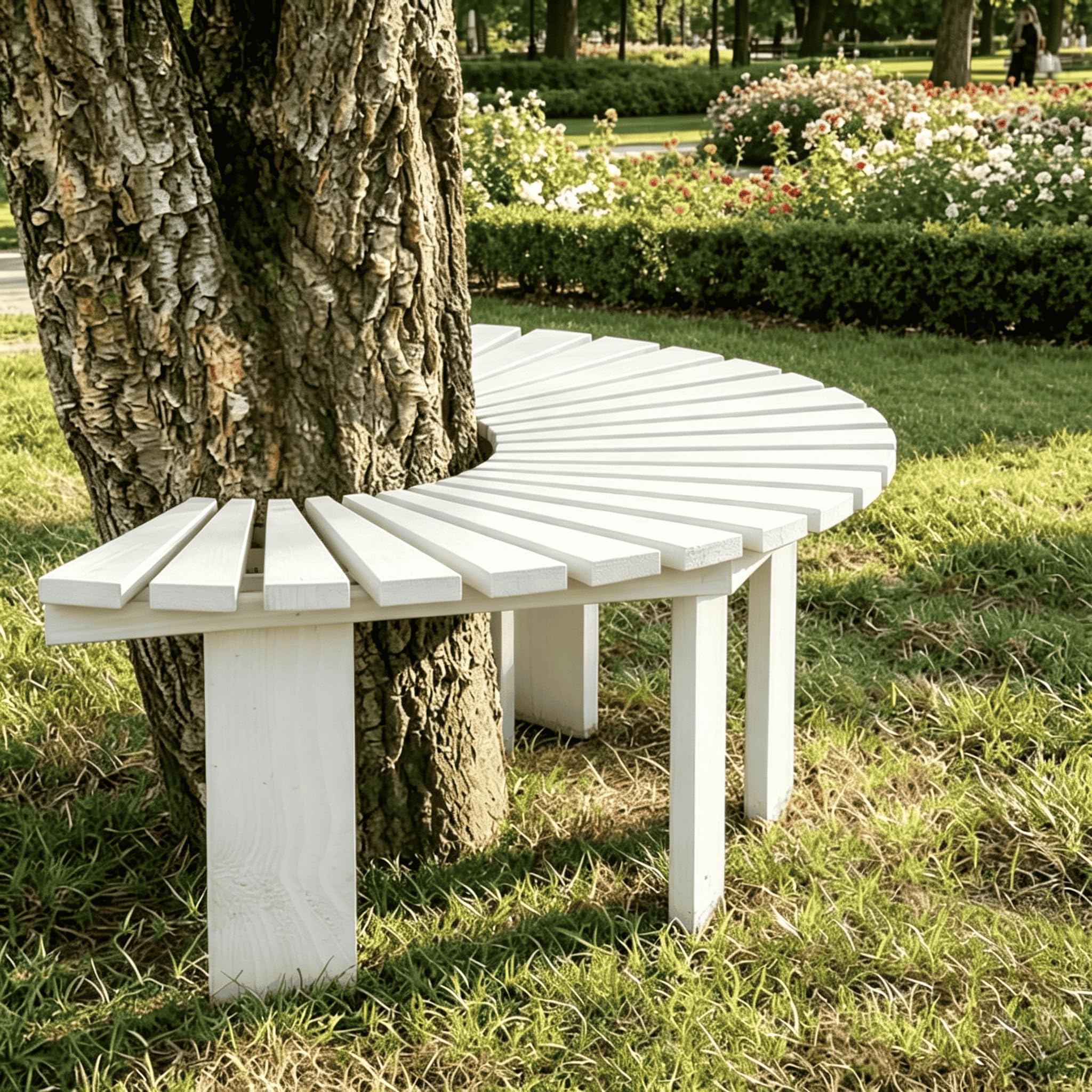 Solid Wood Wrap Around Semi-Circular Tree Bench, Multi-function Weatherproof Outdoor Rack & Seat Perfect for Backyard, Patio and Garden Decoration,White,Half Round