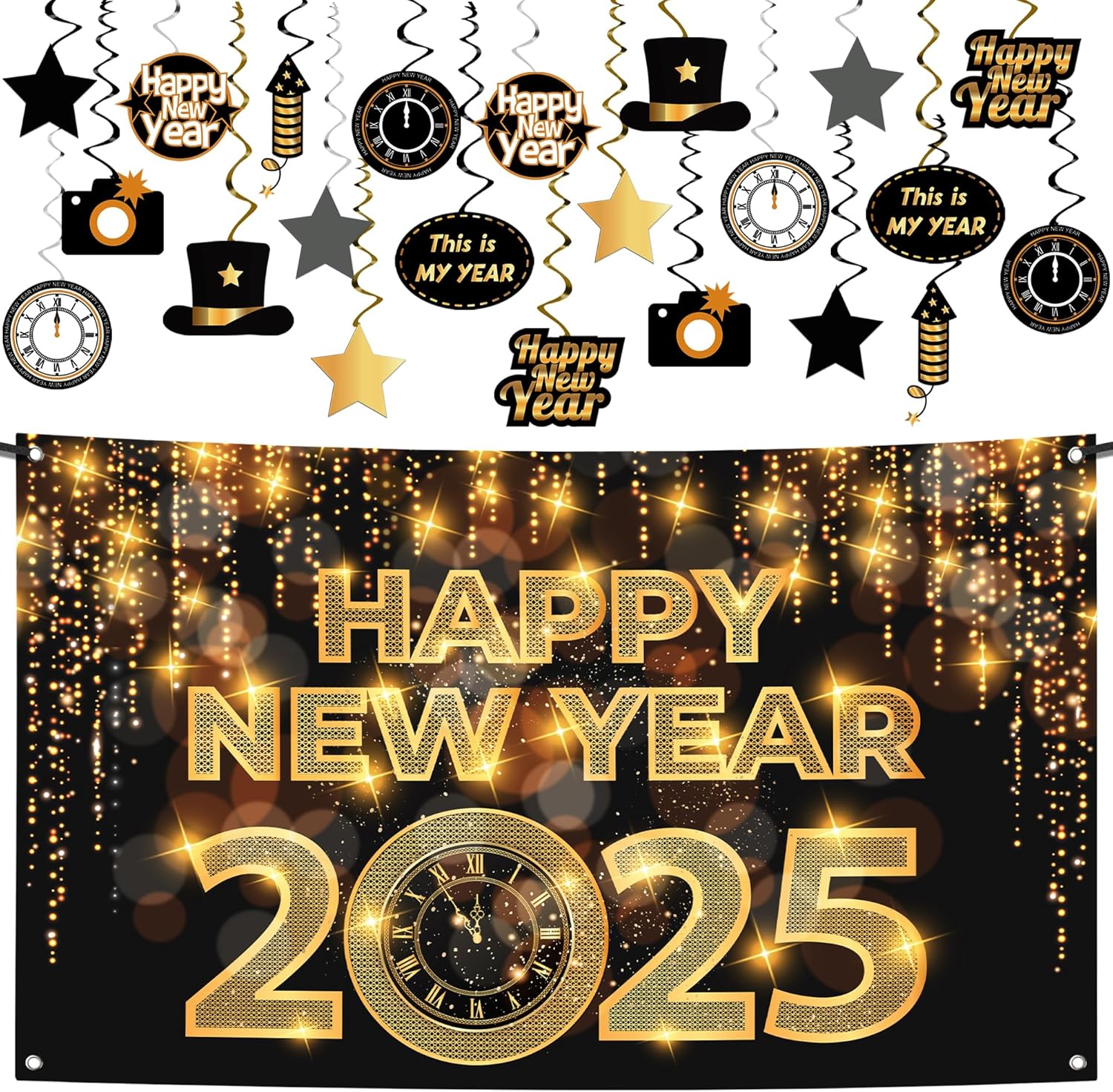 KatchOn, Happy New Year Hanging Swirls - Pack of 30 | Happy New Year Banner 2025 - New Year Backdrop, 72x44 Inch | Happy New Year Decorations 2025 | New Years Eve Party Supplies 2025, NYE Decorations