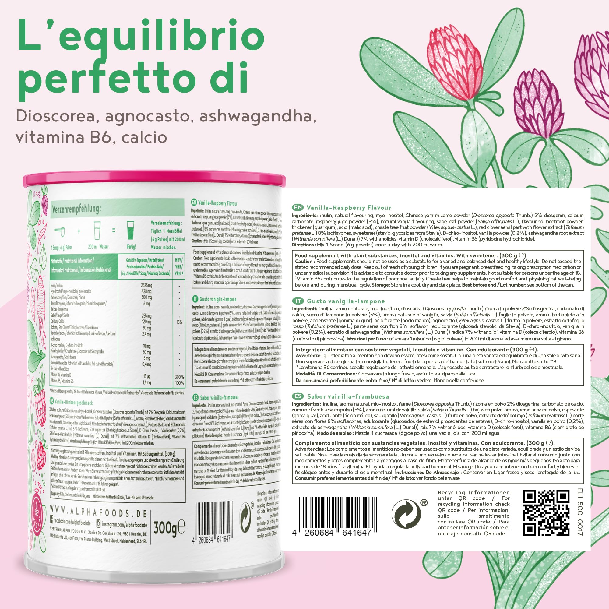 Integratore Menopausa in Polvere | 300 g | L'Equilibrio Ormonale con Isoflavoni di Trifoglio Rosso, Salvia, Vitamina B6, D e Calcio | Menopausa Integratori | Vaniglia-Raspberry | Alpha Foods