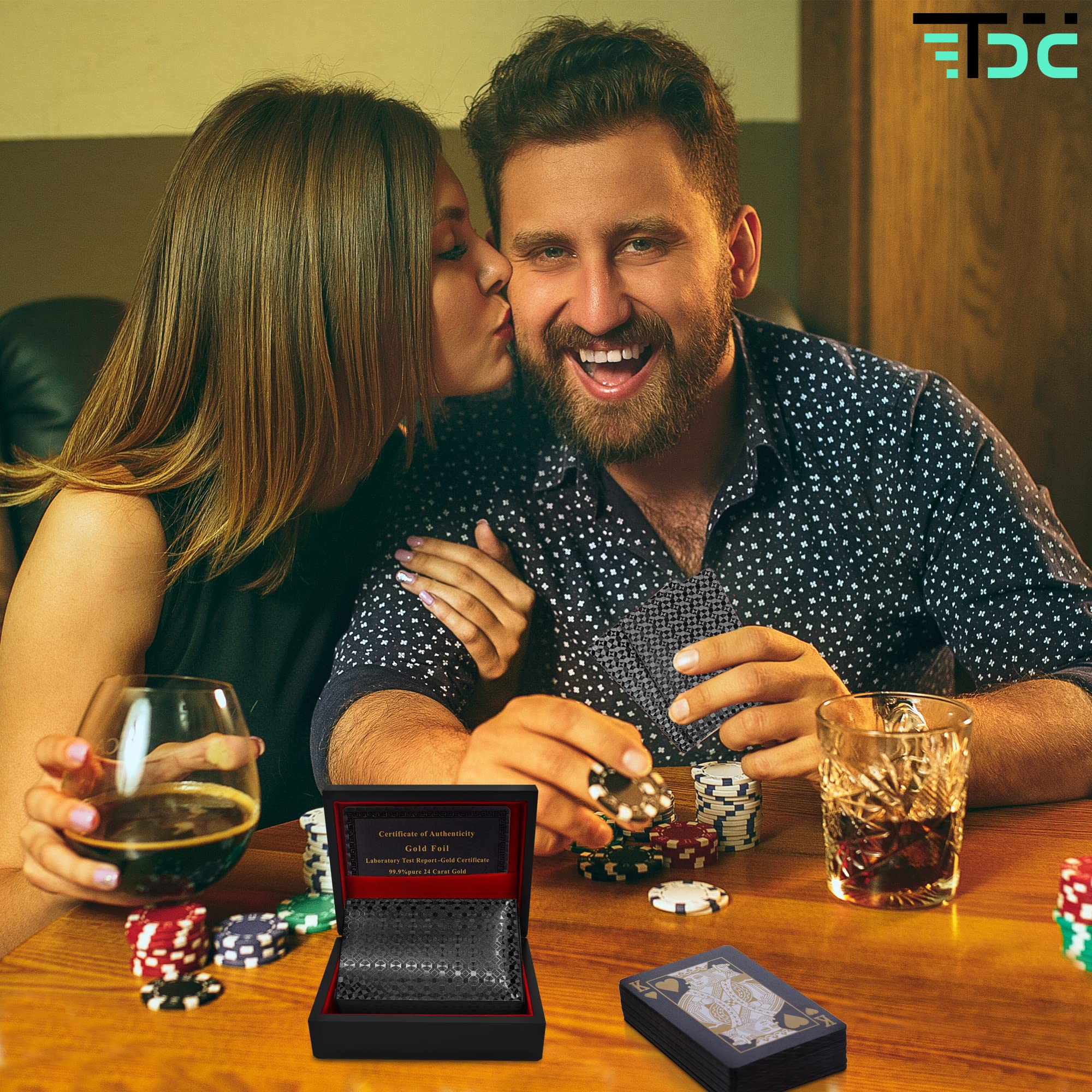 Cartas Poker. Baraja Poker Juego de Mesa con Caja Madera. Baraja de Cartas Poker Impermeable. Baraja Poker Negras (Black+Box)