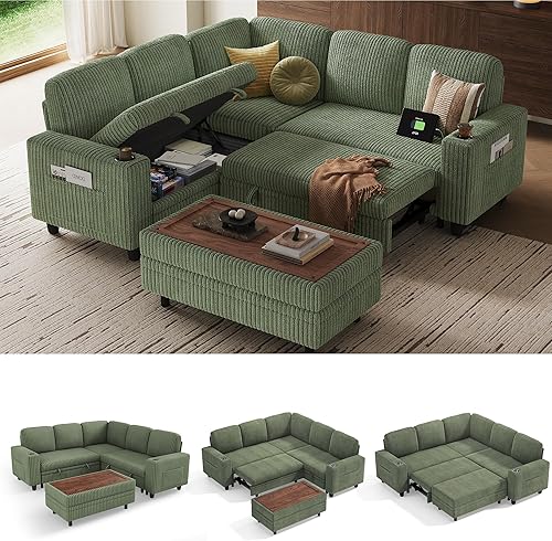 Miniatura 14 de LINSY HOME - Sofá cama extraíble modular con sección para dormir, con almacenamiento, sofá seccional de pana mullida para sala de estar, sofá cama